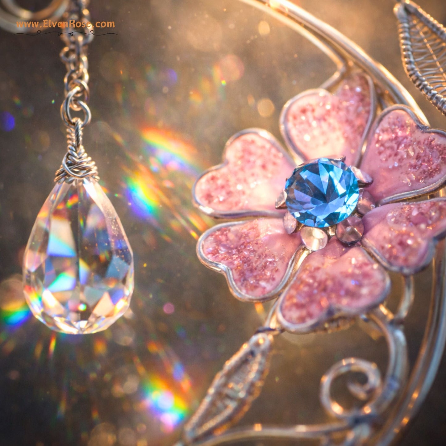"Bloom of Light" Elven Crescent Moon Suncatcher - Elven Rose