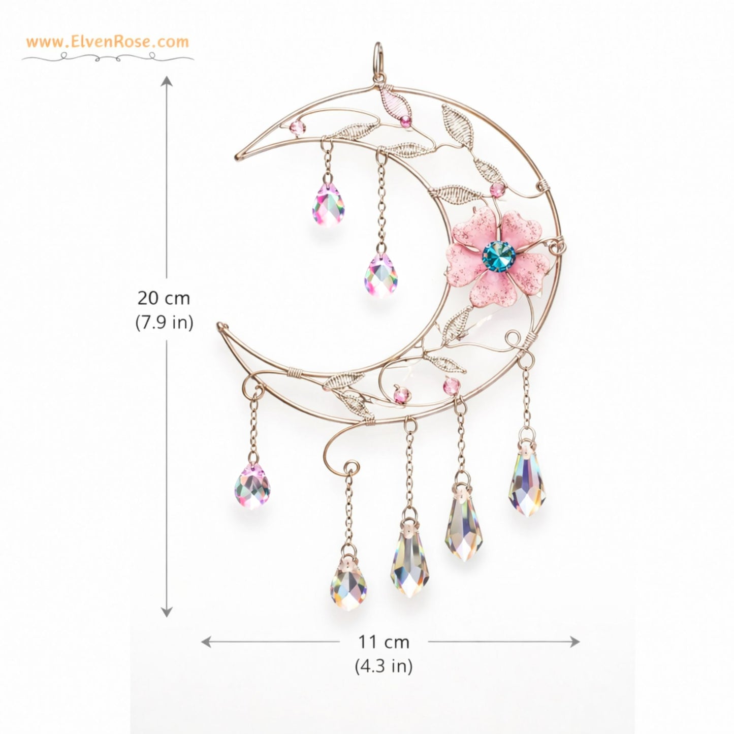 "Bloom of Light" Elven Crescent Moon Suncatcher - Elven Rose