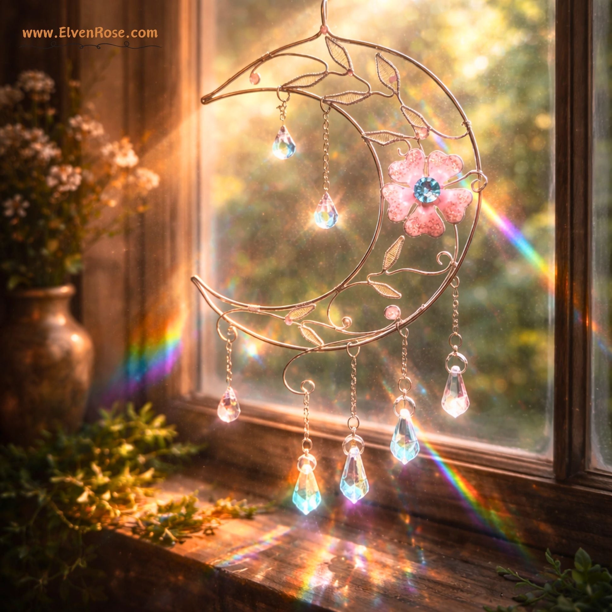 "Bloom of Light" Elven Crescent Moon Suncatcher - Elven Rose