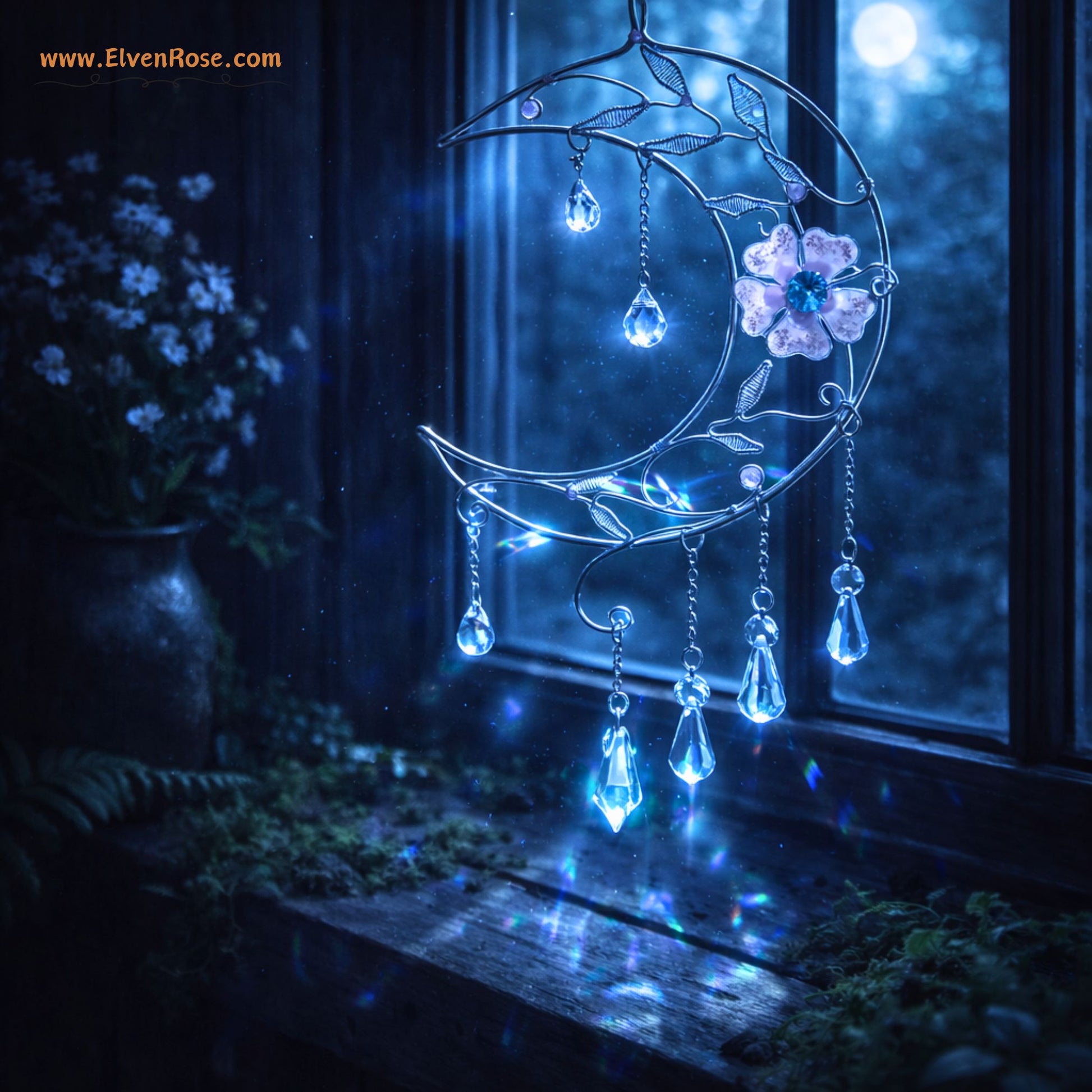 "Bloom of Light" Elven Crescent Moon Suncatcher - Elven Rose