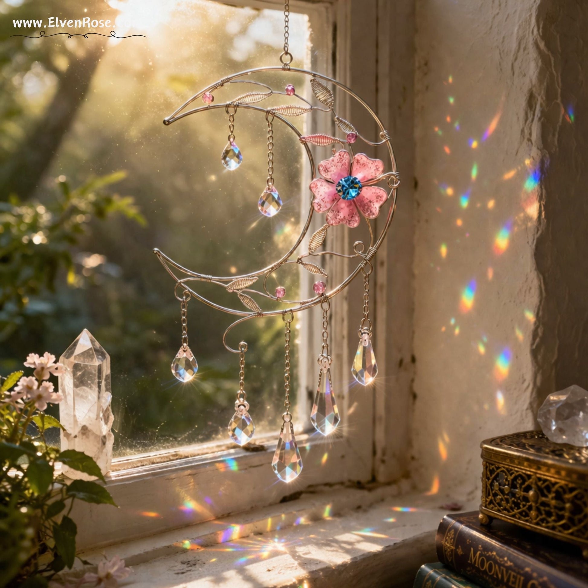 "Bloom of Light" Elven Crescent Moon Suncatcher - Elven Rose