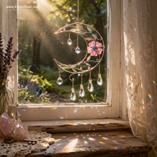 "Bloom of Light" Elven Crescent Moon Suncatcher - Elven Rose