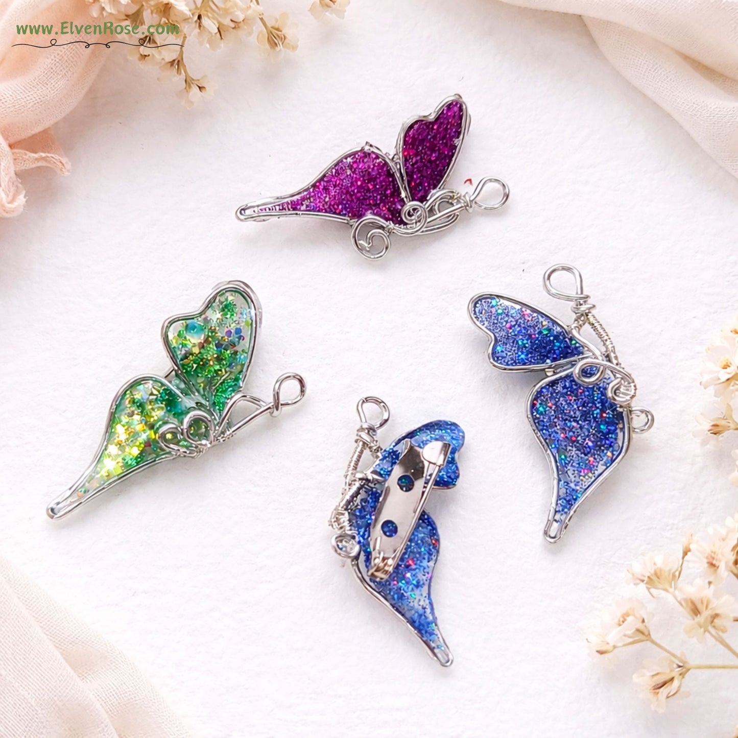 Butterfly of Transformation Brooch – Handmade Silver - Plated Wire & Resin Pin - Elven Rose