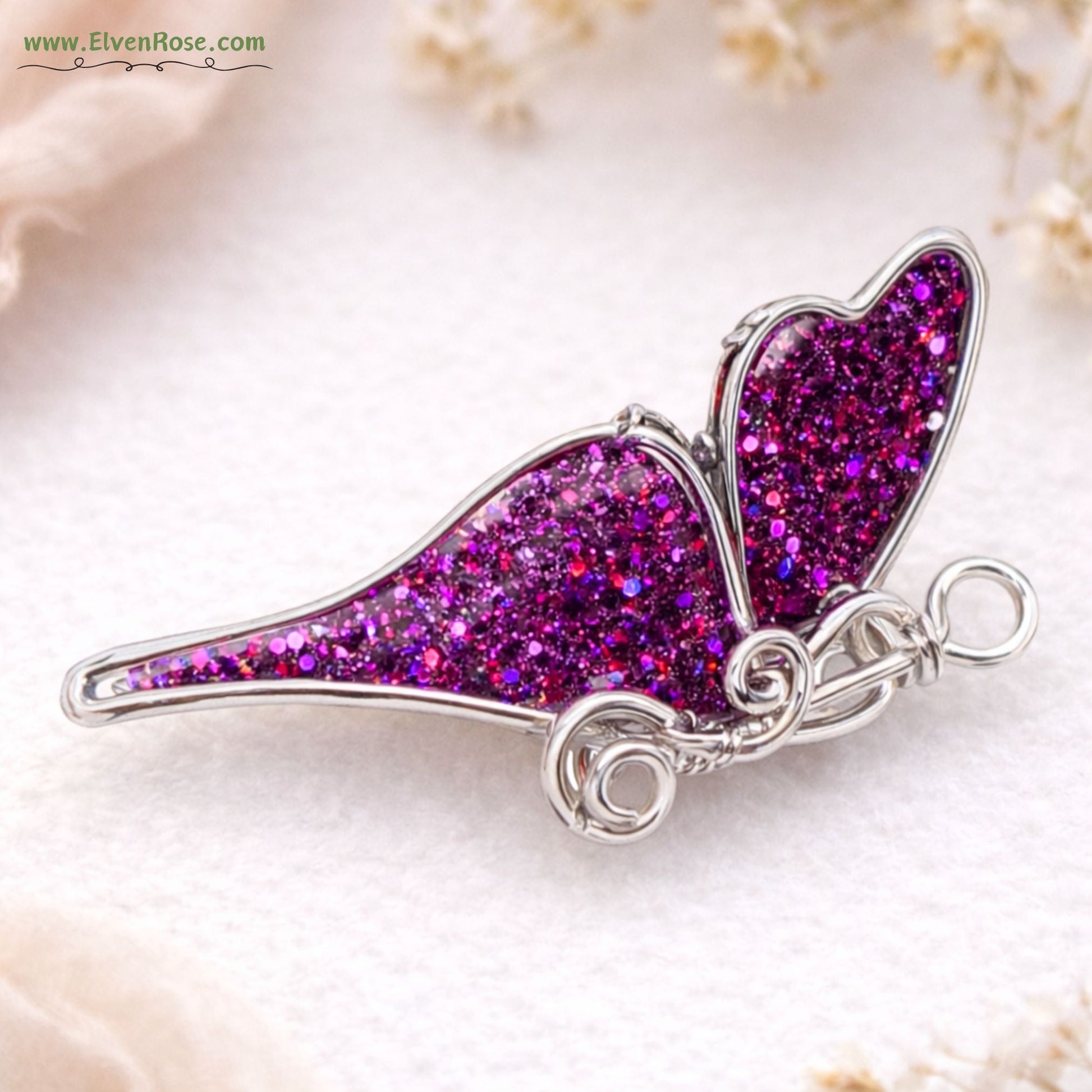 Butterfly of Transformation Brooch – Handmade Silver - Plated Wire & Resin Pin - Elven Rose