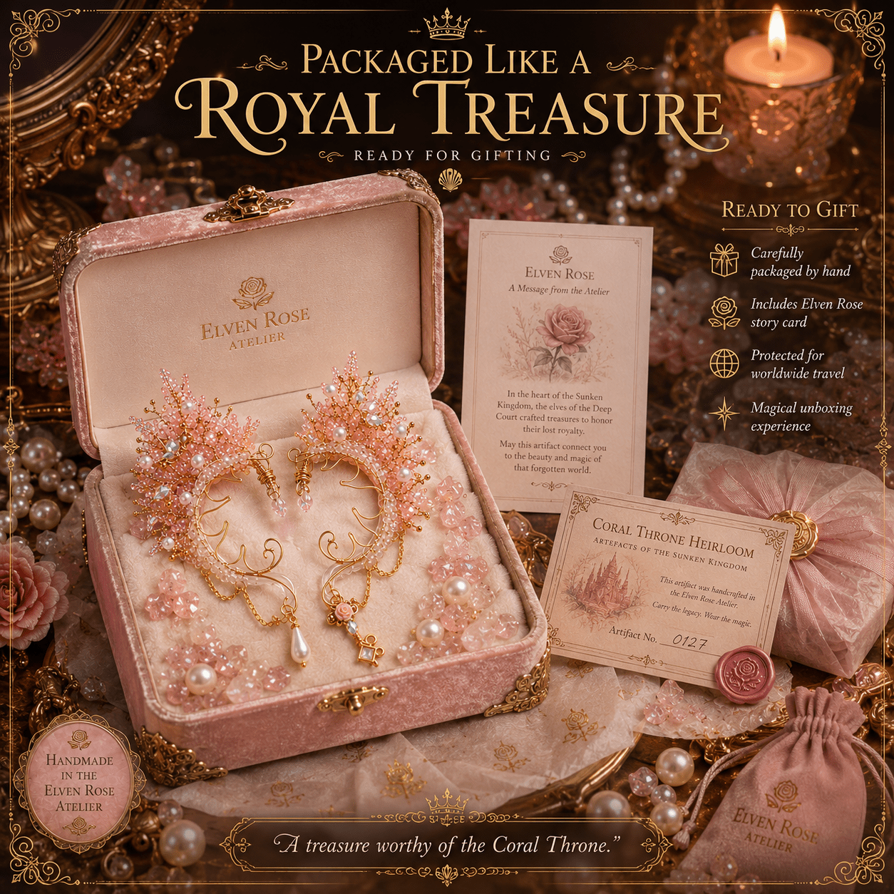 Coral Throne Heirloom Ear Cuffs – Royal Fantasy Ear Jewelry with Pearls & Rose Quartz - Elven Rose