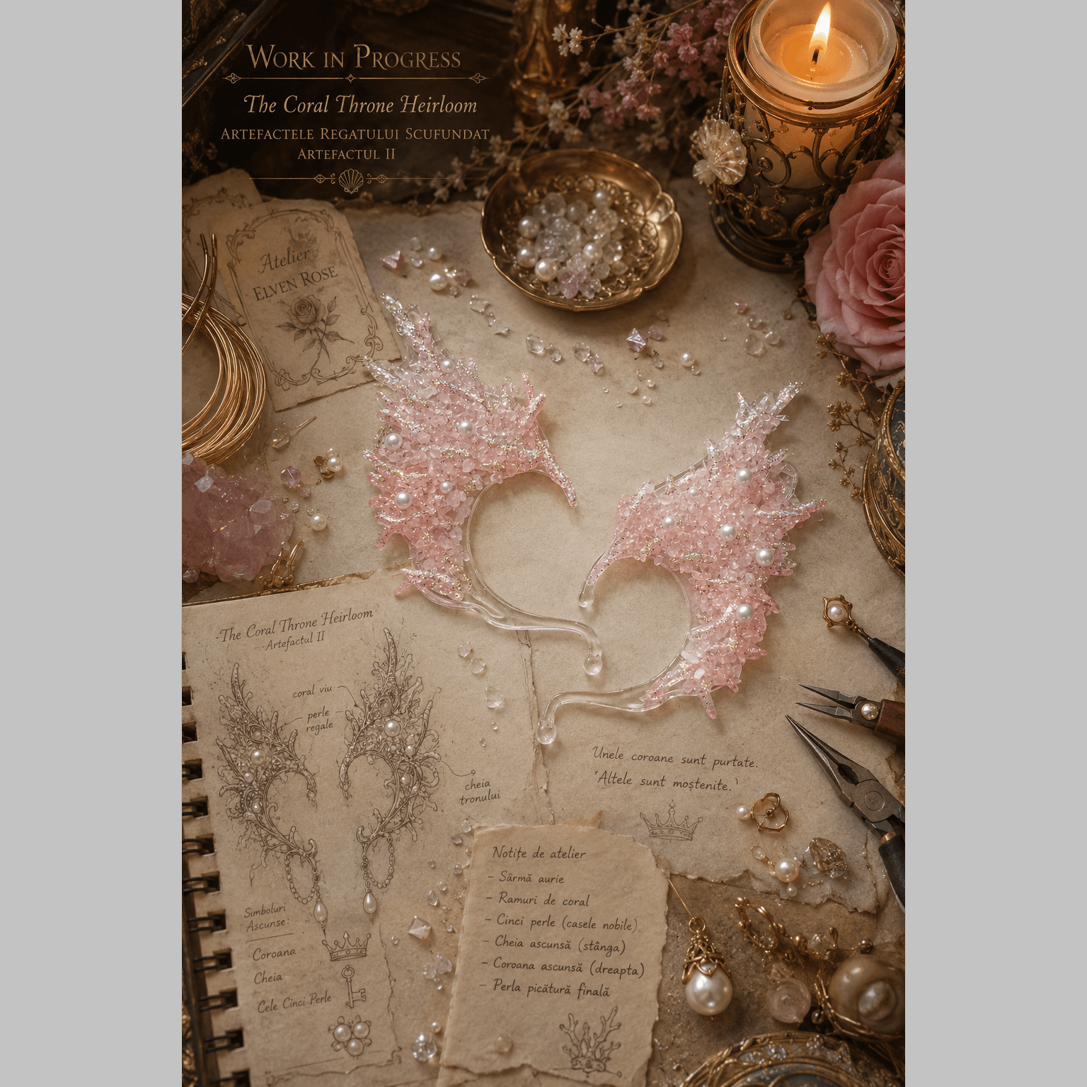 Coral Throne Heirloom Ear Cuffs – Royal Fantasy Ear Jewelry with Pearls & Rose Quartz - Elven Rose