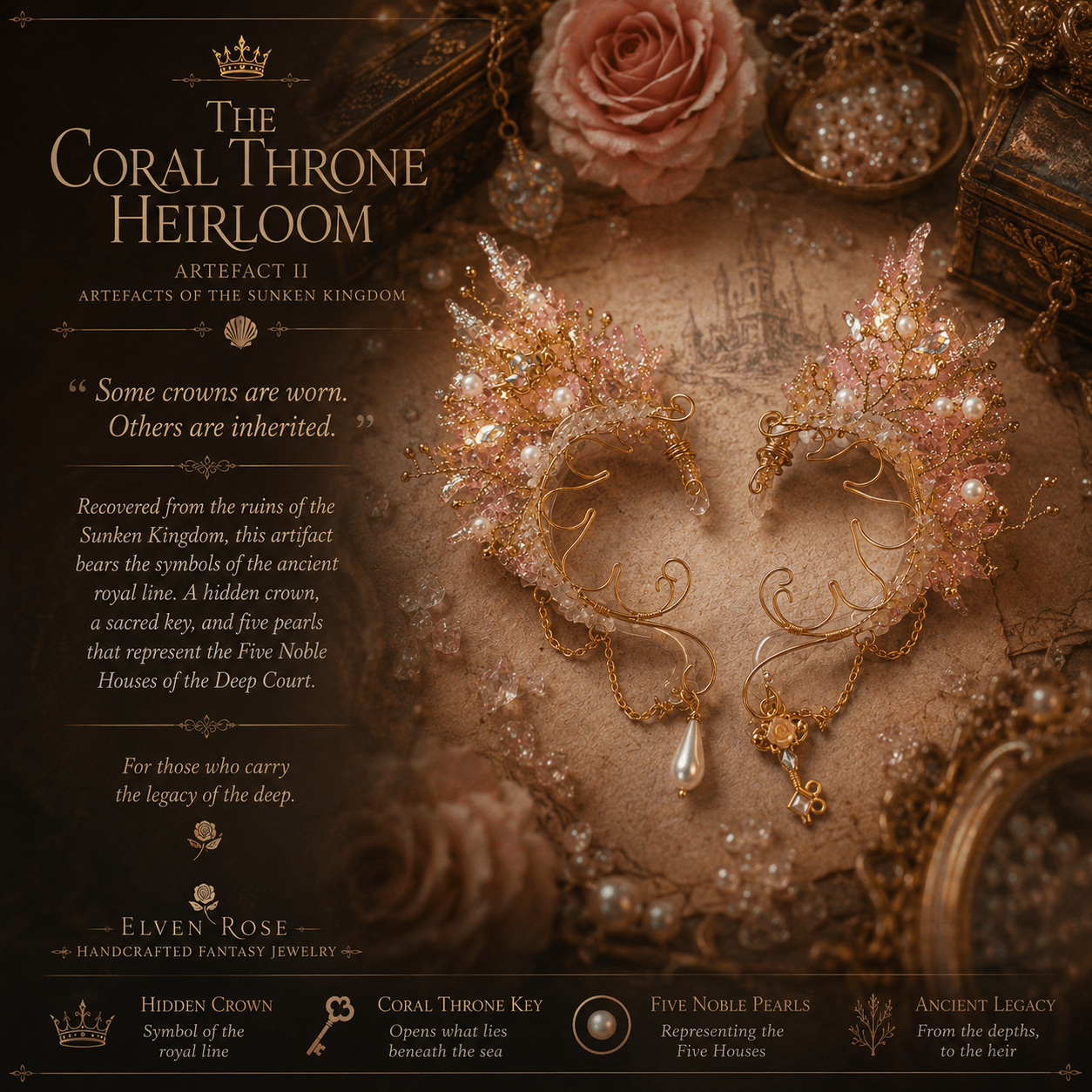 Coral Throne Heirloom Ear Cuffs – Royal Fantasy Ear Jewelry with Pearls & Rose Quartz - Elven Rose