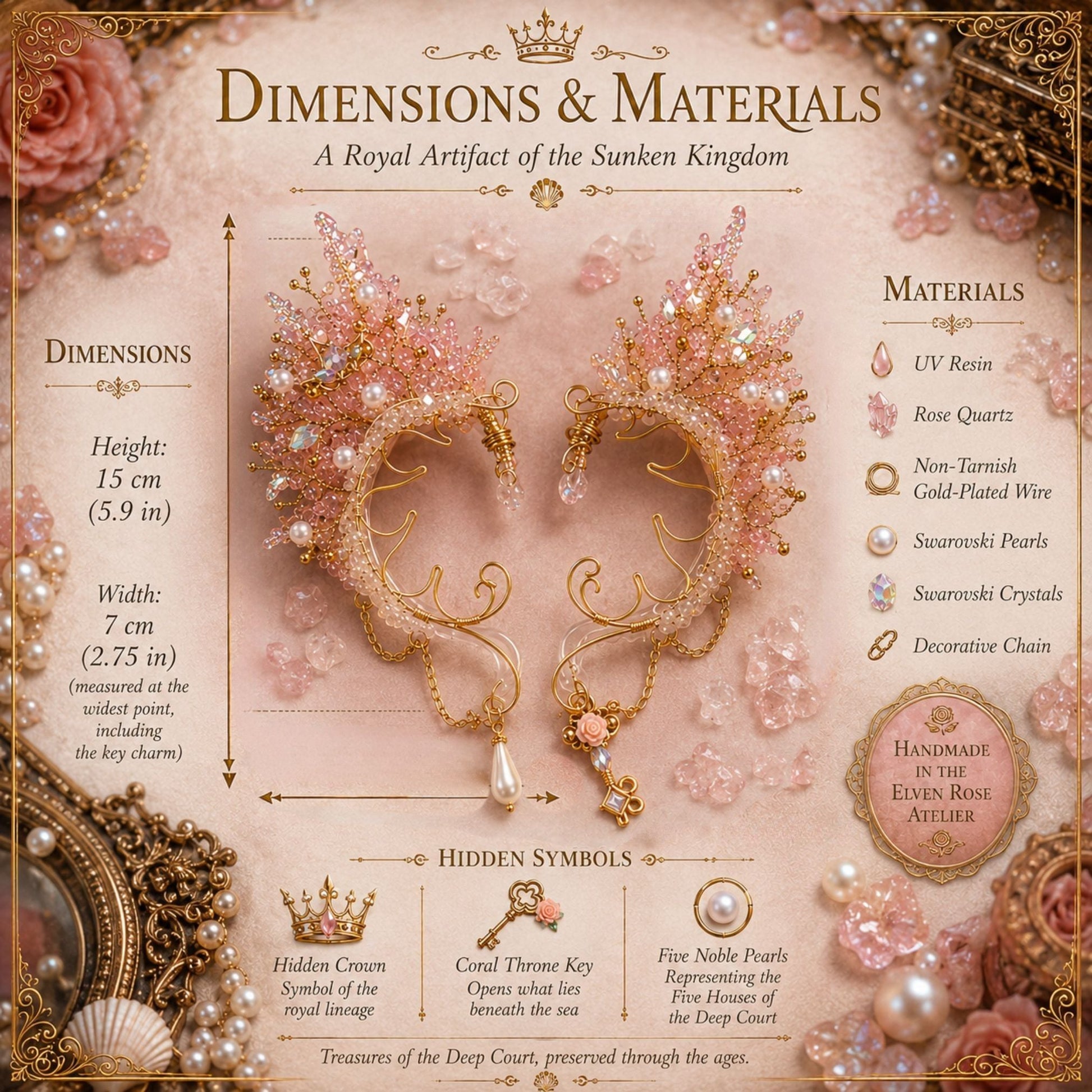 Coral Throne Heirloom Ear Cuffs – Royal Fantasy Ear Jewelry with Pearls & Rose Quartz - Elven Rose