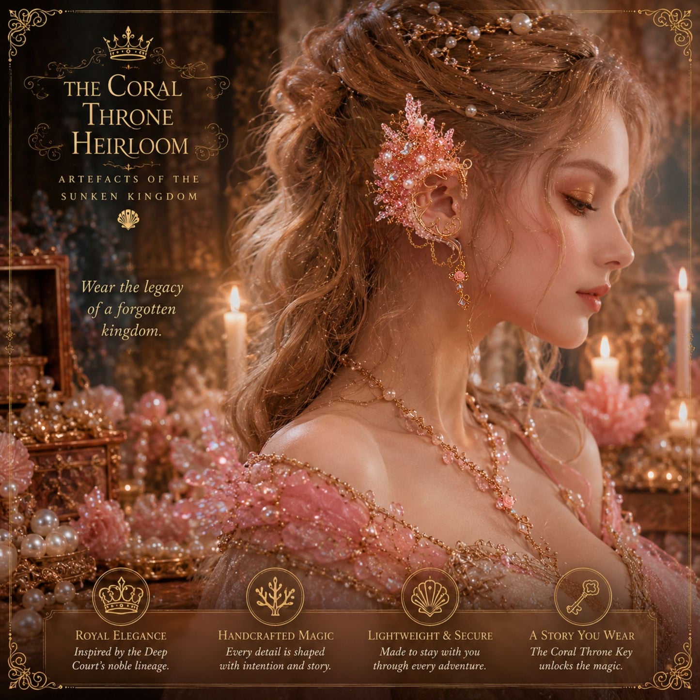 Coral Throne Heirloom Ear Cuffs – Royal Fantasy Ear Jewelry with Pearls & Rose Quartz - Elven Rose