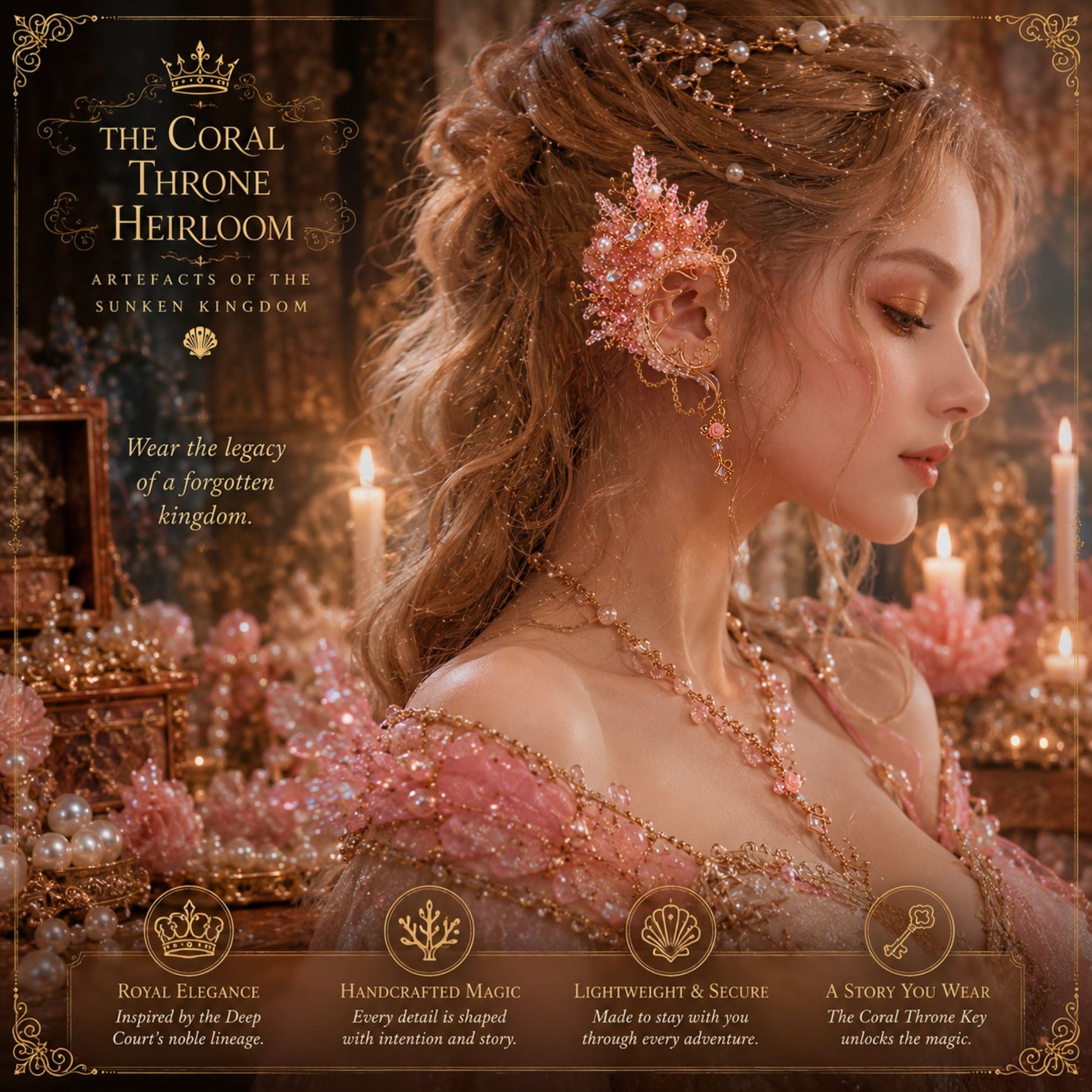 Coral Throne Heirloom Ear Cuffs – Royal Fantasy Ear Jewelry with Pearls & Rose Quartz - Elven Rose