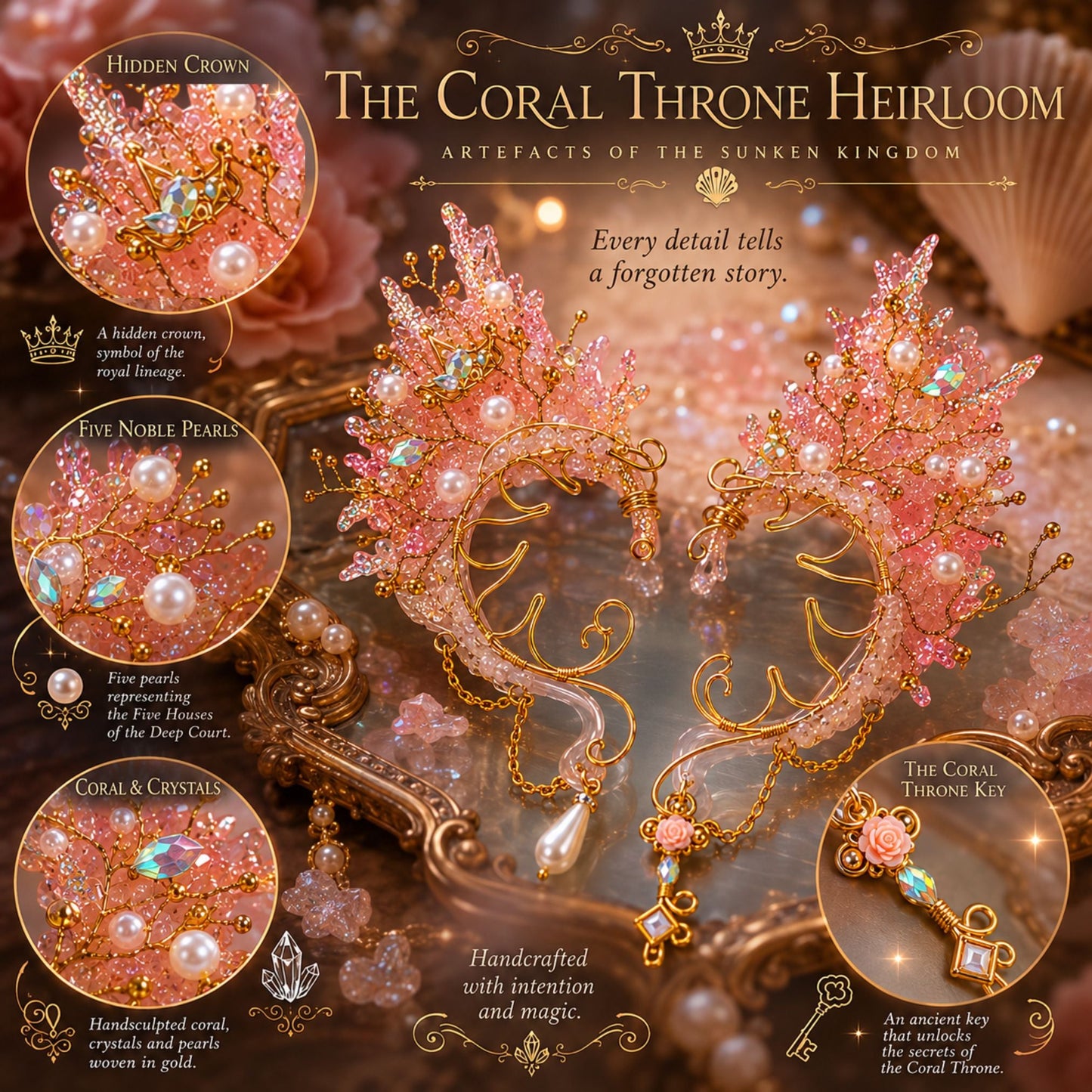 Coral Throne Heirloom Ear Cuffs – Royal Fantasy Ear Jewelry with Pearls & Rose Quartz - Elven Rose