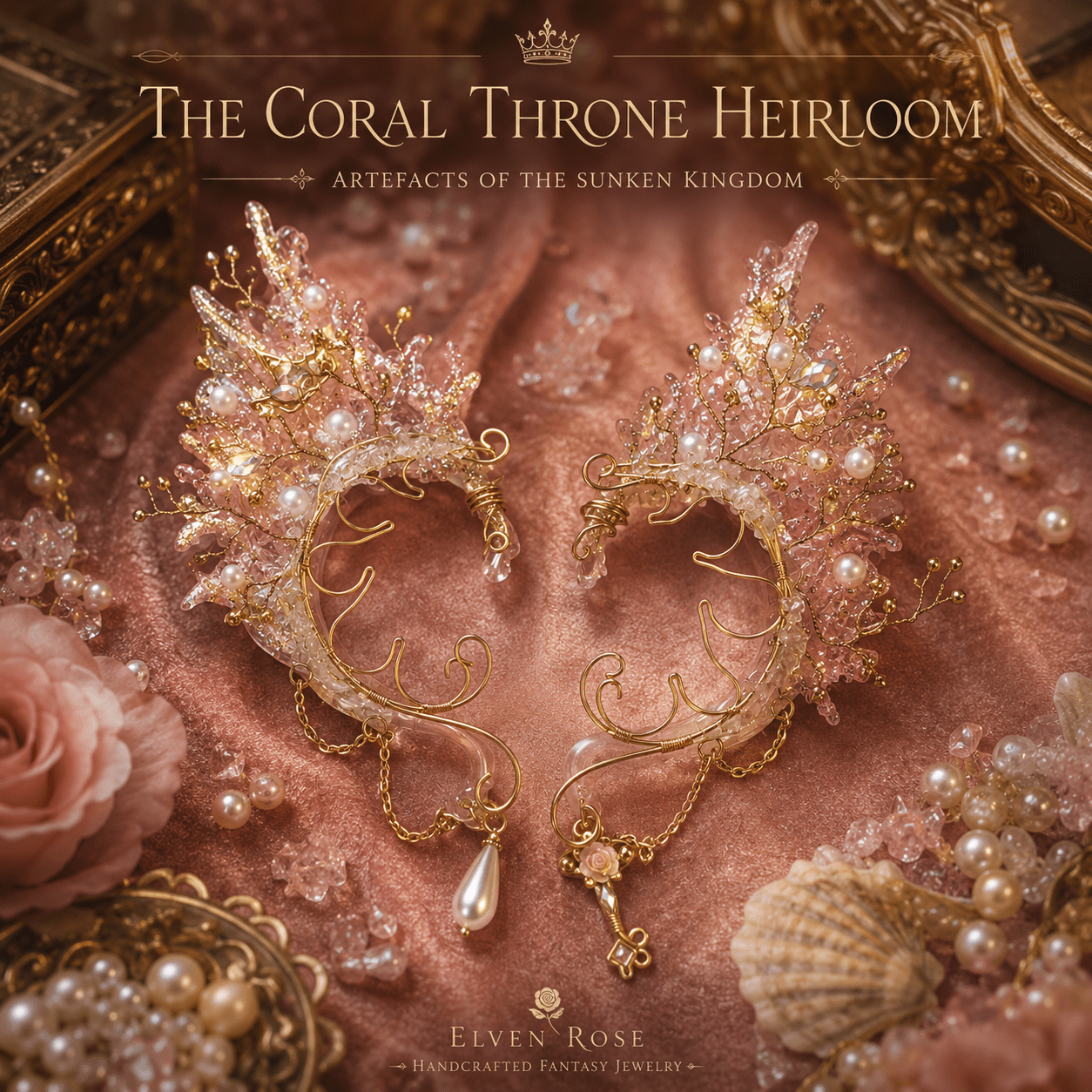 Coral Throne Heirloom Ear Cuffs – Royal Fantasy Ear Jewelry with Pearls & Rose Quartz - Elven Rose