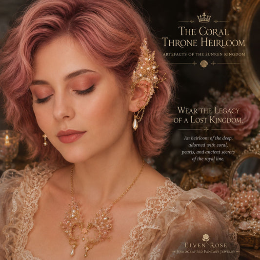 Coral Throne Heirloom Ear Cuffs – Royal Fantasy Ear Jewelry with Pearls & Rose Quartz - Elven Rose