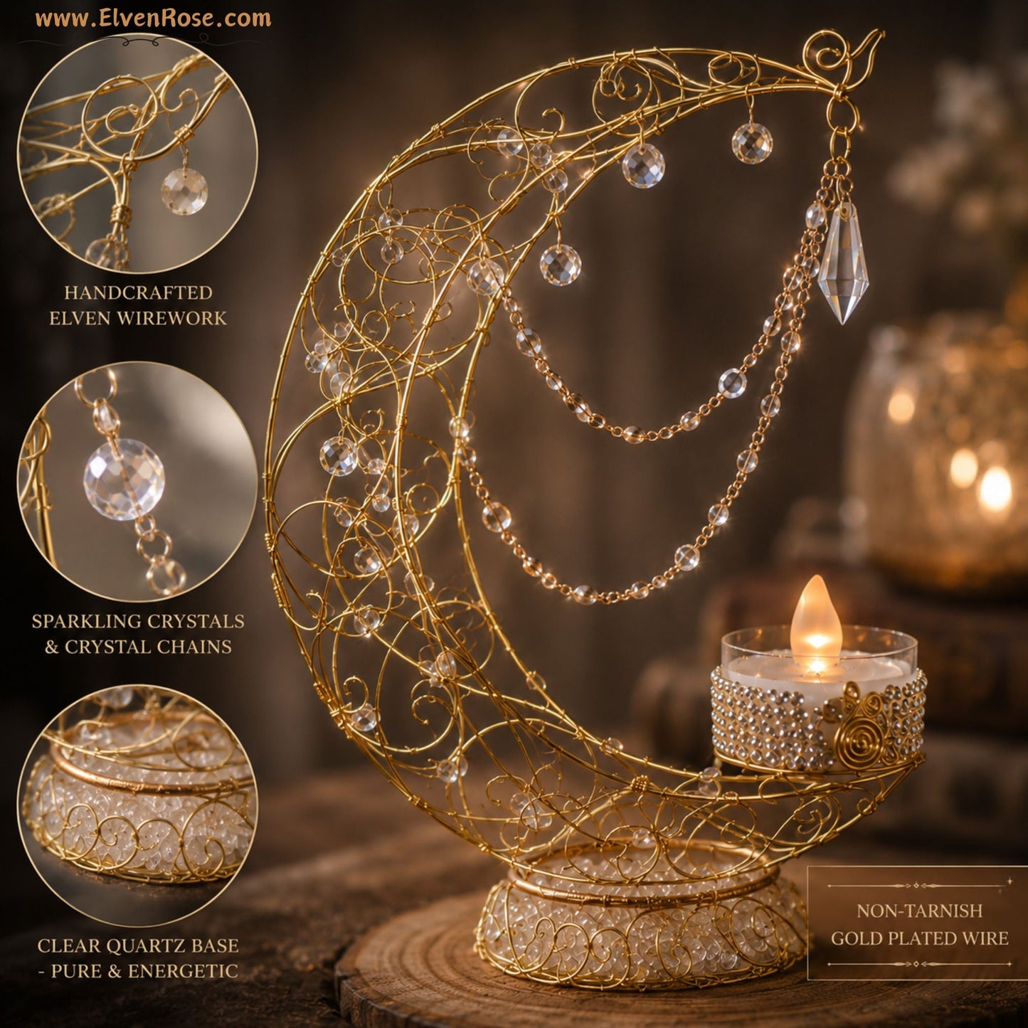 Crescent of Lúmira – Elven Moon Lamp with Crystals & Clear Quartz - Elven Rose