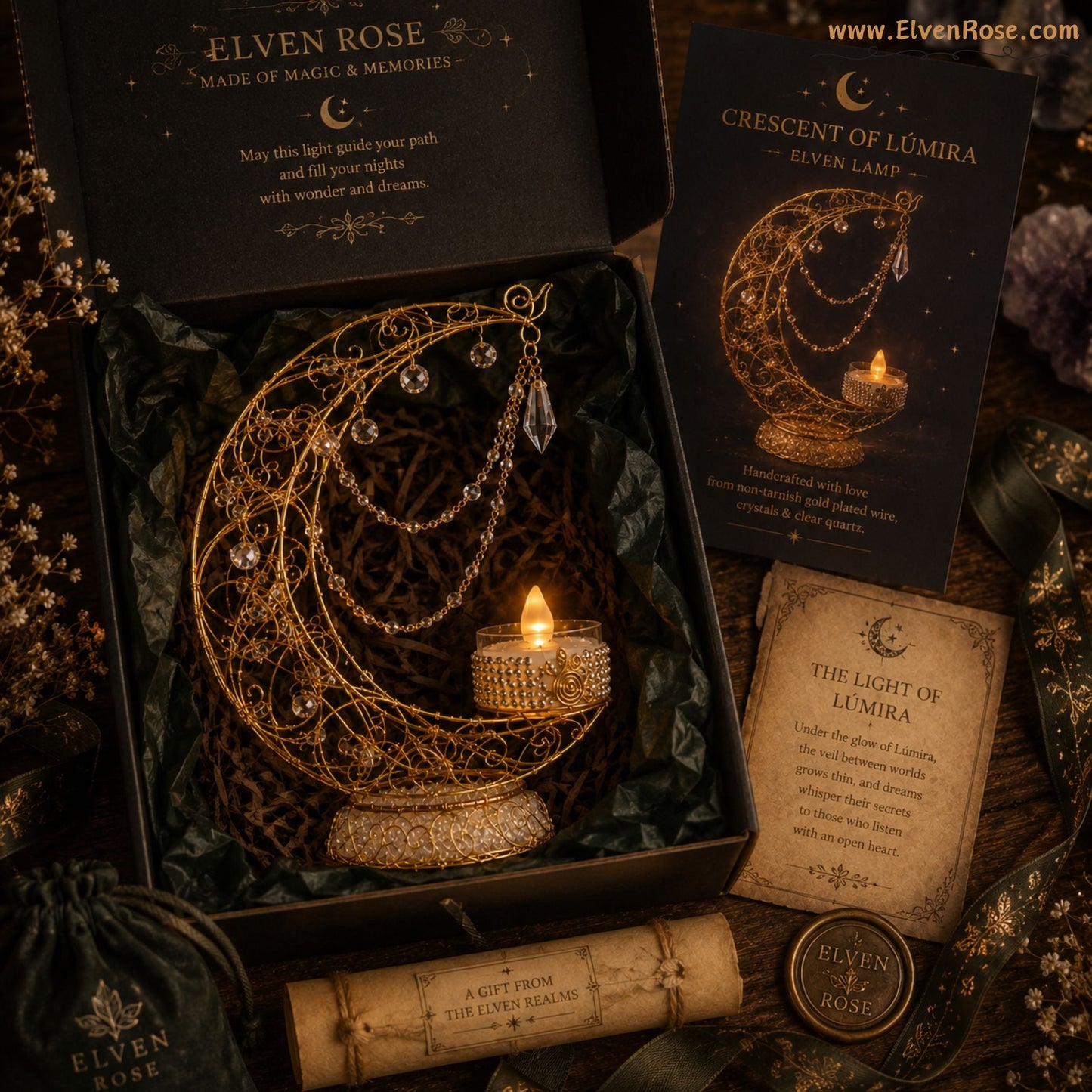 Crescent of Lúmira – Elven Moon Lamp with Crystals & Clear Quartz - Elven Rose