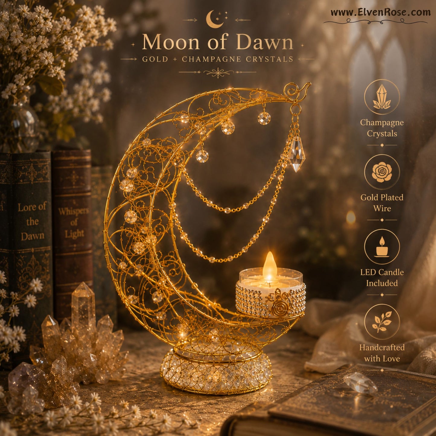 Crescent of Lúmira – Elven Moon Lamp with Crystals & Clear Quartz - Elven Rose