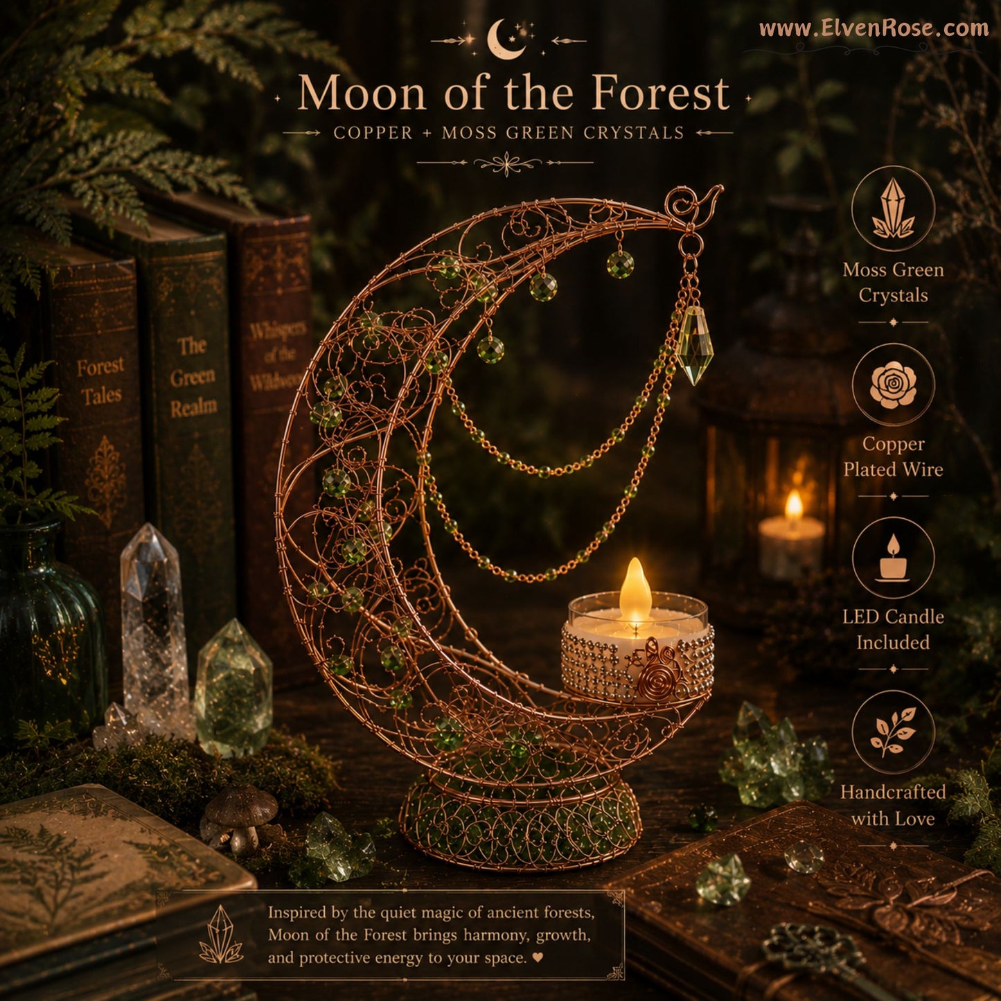Crescent of Lúmira – Elven Moon Lamp with Crystals & Clear Quartz - Elven Rose