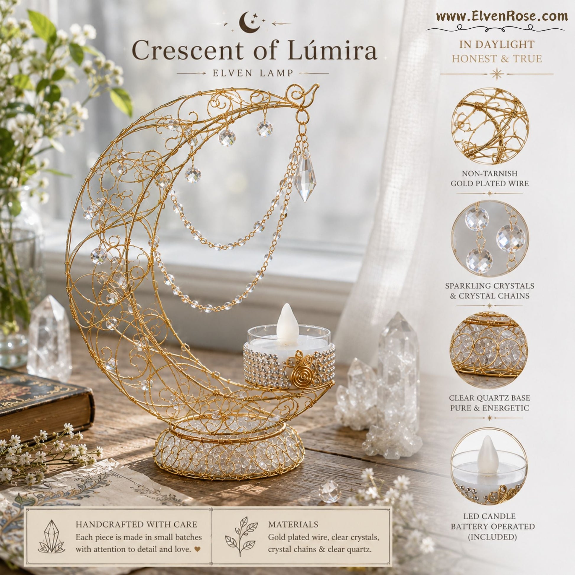 Crescent of Lúmira – Elven Moon Lamp with Crystals & Clear Quartz - Elven Rose