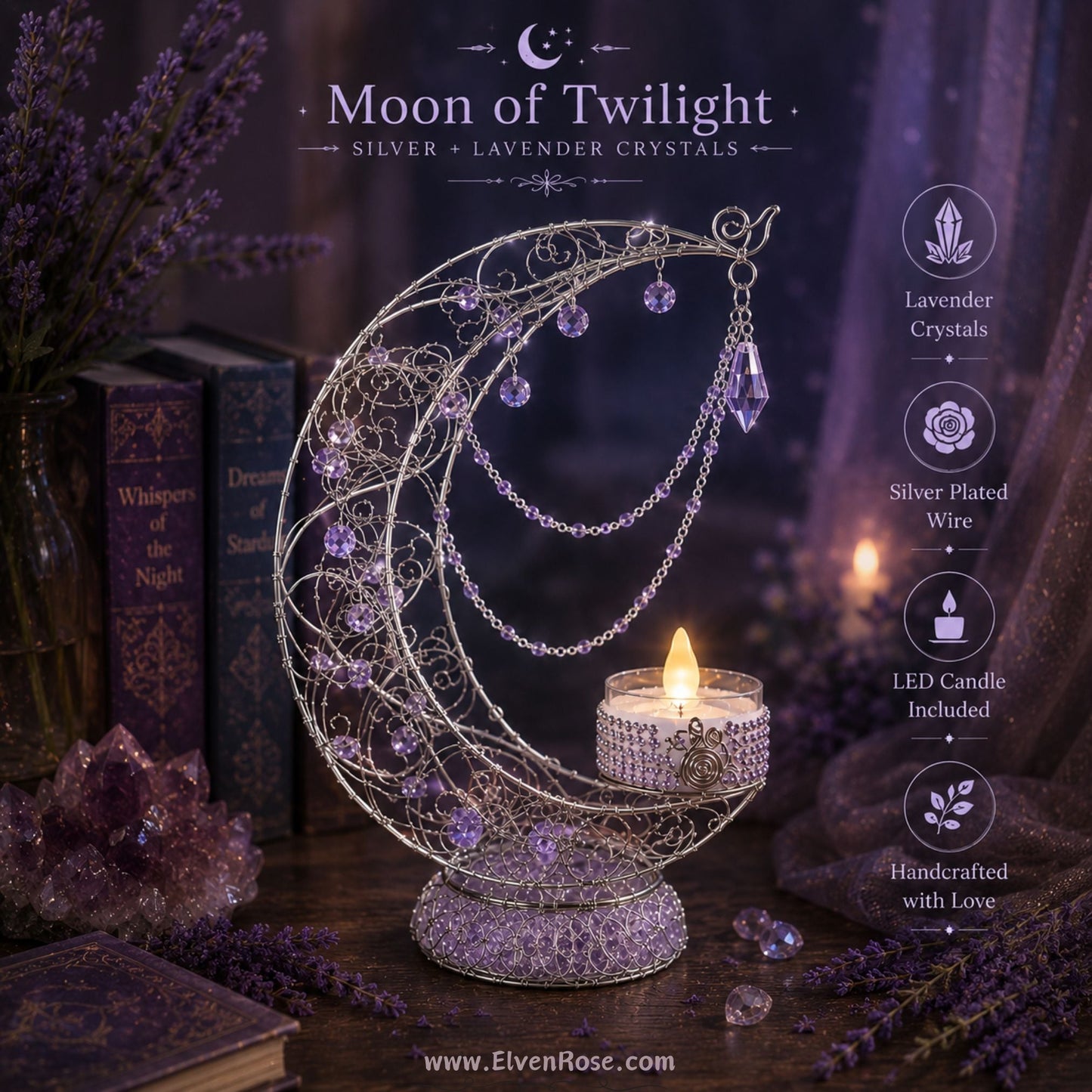 Crescent of Lúmira – Elven Moon Lamp with Crystals & Clear Quartz - Elven Rose