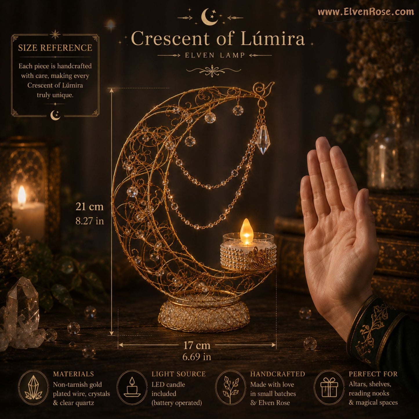 Crescent of Lúmira – Elven Moon Lamp with Crystals & Clear Quartz - Elven Rose