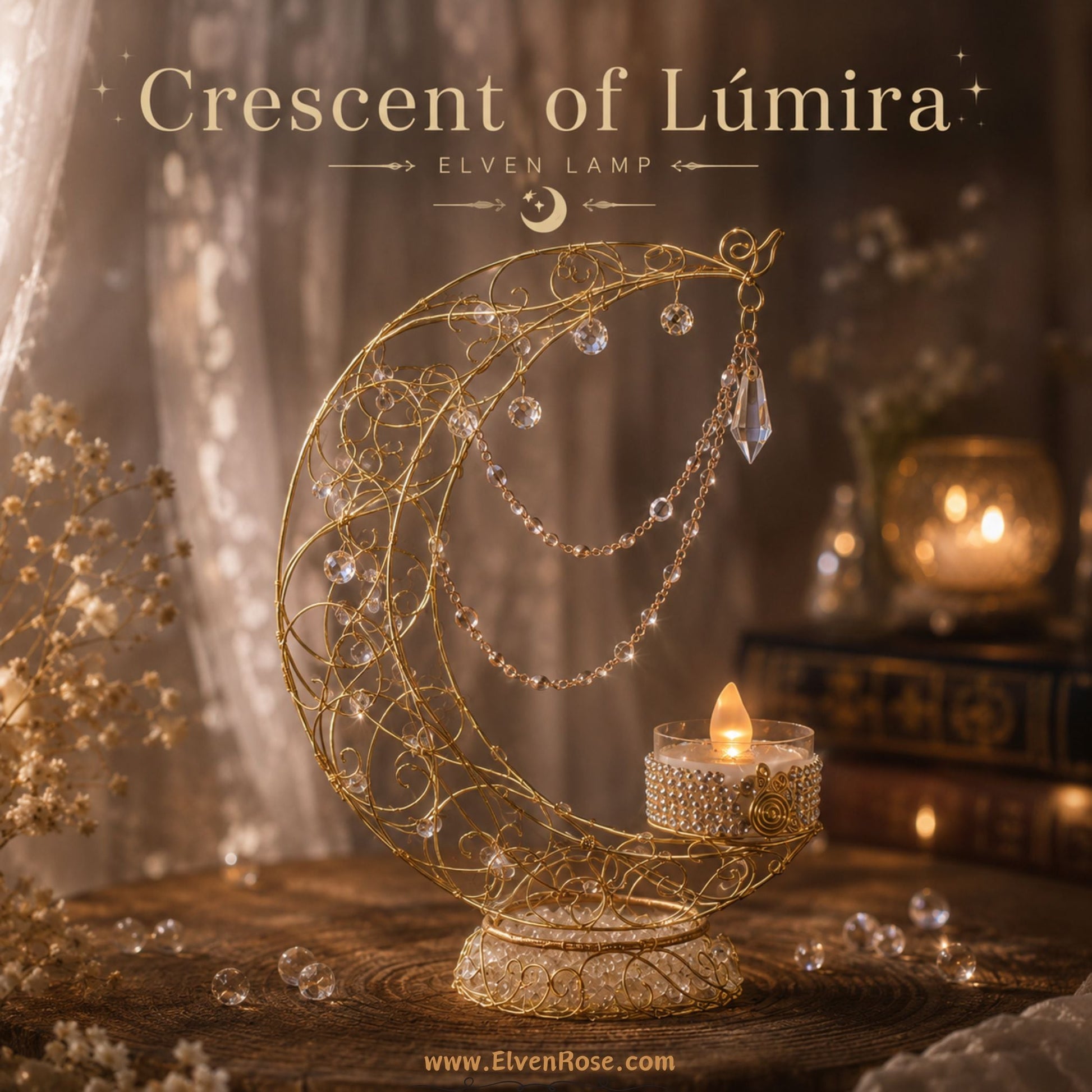 Crescent of Lúmira – Elven Moon Lamp with Crystals & Clear Quartz - Elven Rose