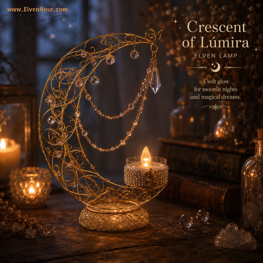 Crescent of Lúmira – Elven Moon Lamp with Crystals & Clear Quartz - Elven Rose