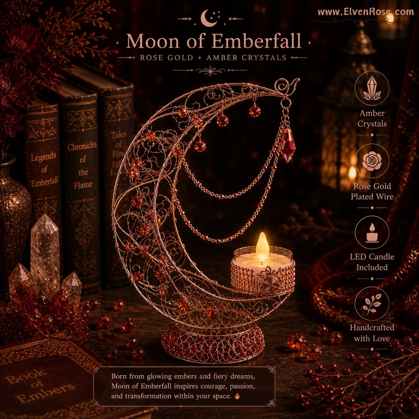Crescent of Lúmira – Elven Moon Lamp with Crystals & Clear Quartz - Elven Rose