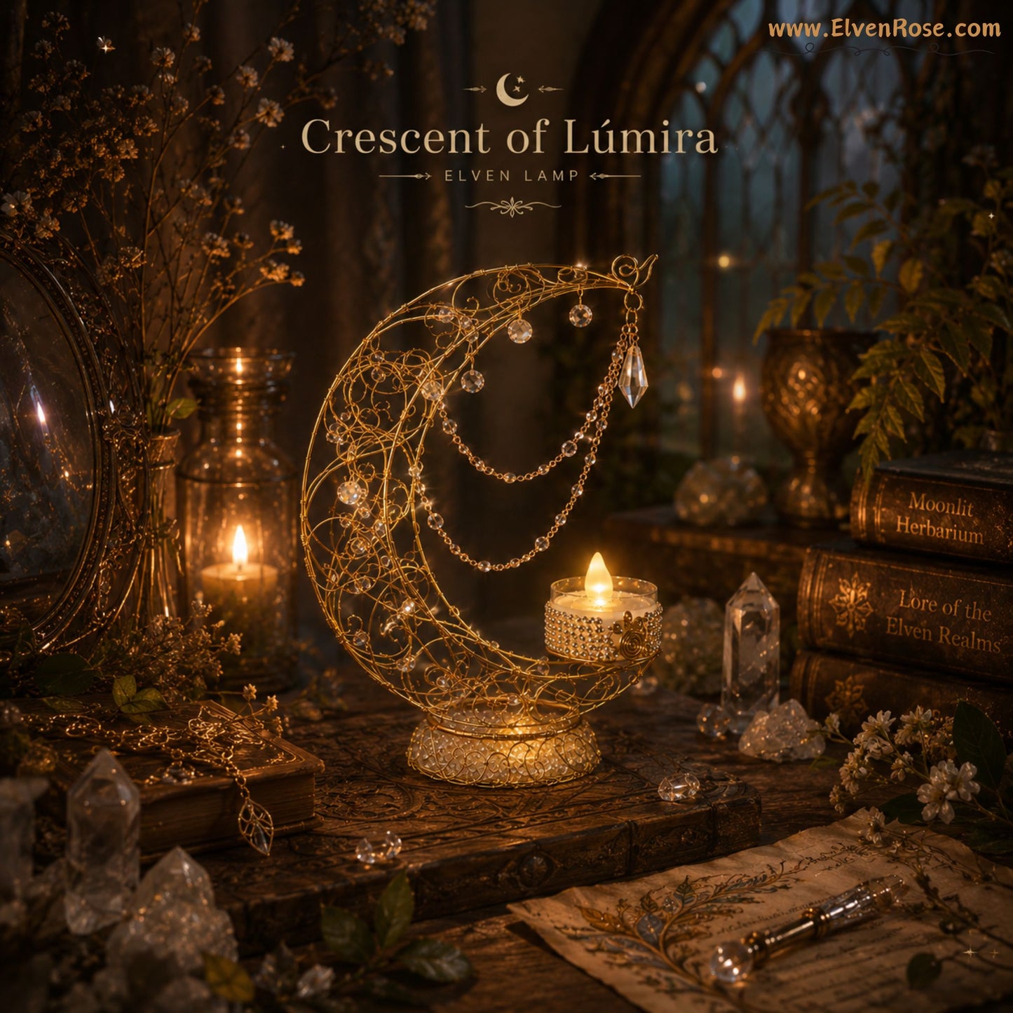 Crescent of Lúmira – Elven Moon Lamp with Crystals & Clear Quartz - Elven Rose