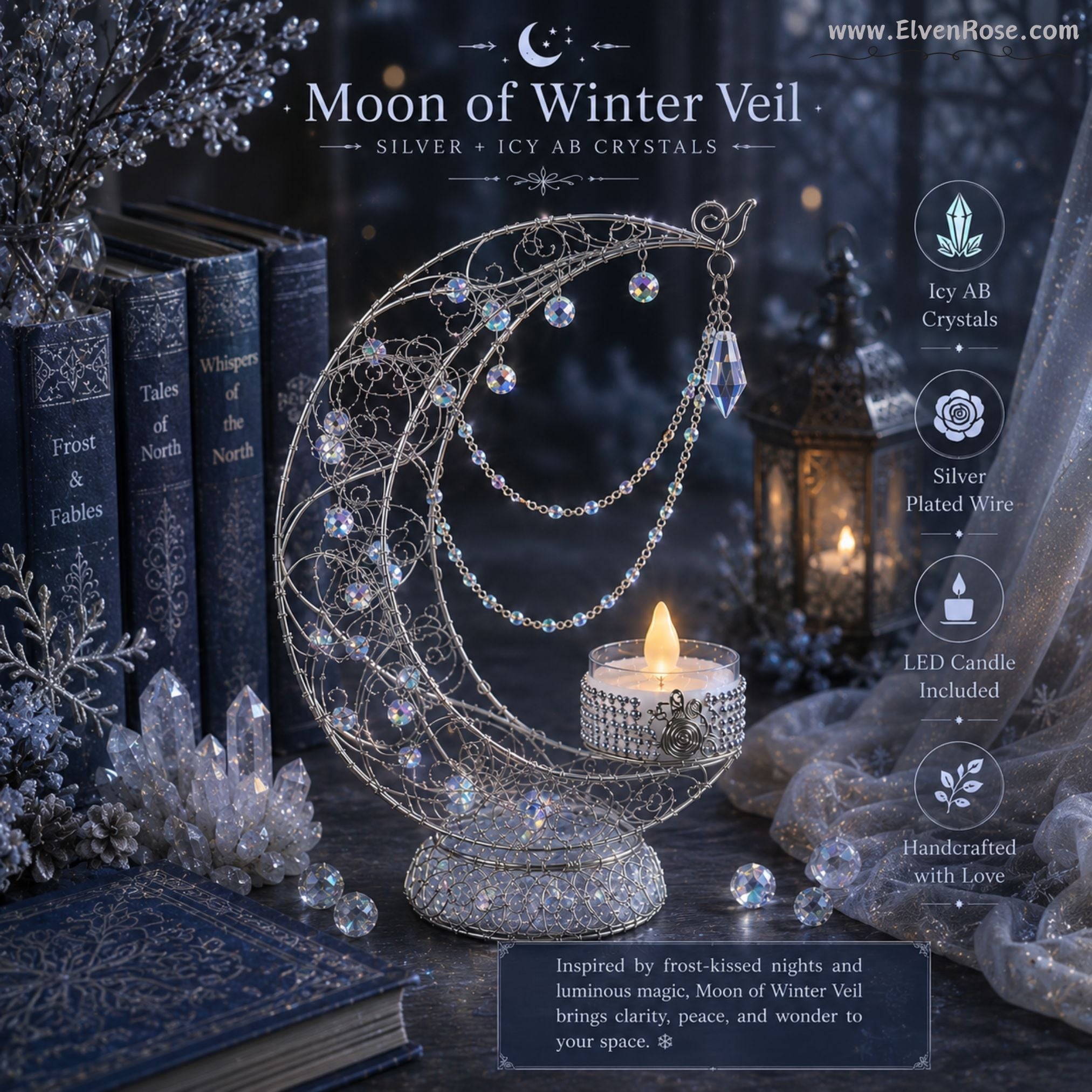 Crescent of Lúmira – Elven Moon Lamp with Crystals & Clear Quartz - Elven Rose