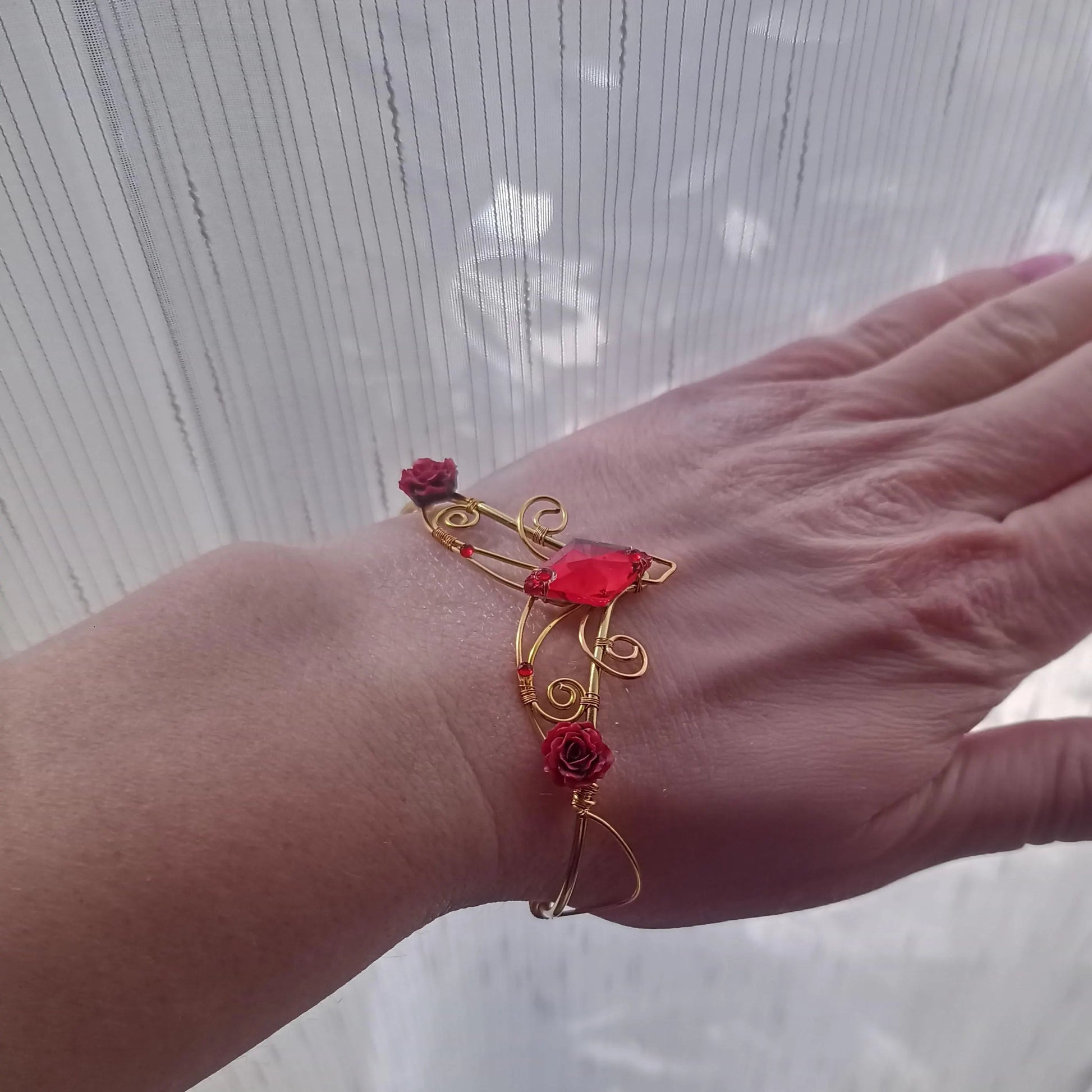 "Crimson Enchantress" Gold Crystal Fantasy Cuff Bracelet - Elven Rose