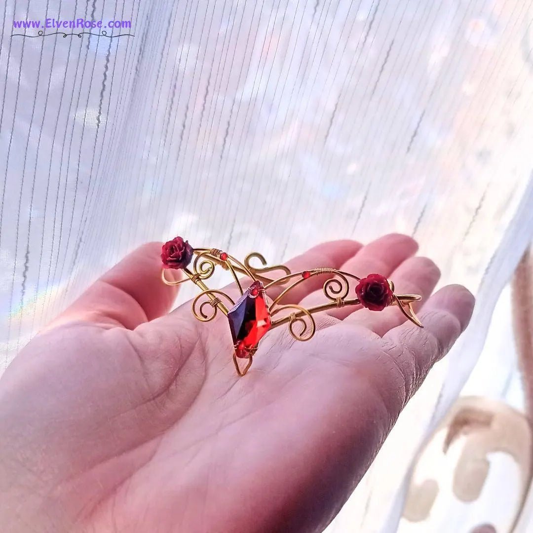 "Crimson Enchantress" Gold Crystal Fantasy Cuff Bracelet - Elven Rose