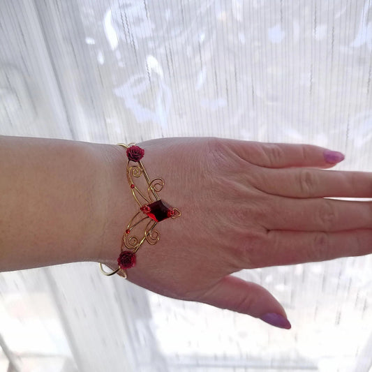 "Crimson Enchantress" Gold Crystal Fantasy Cuff Bracelet - Elven Rose