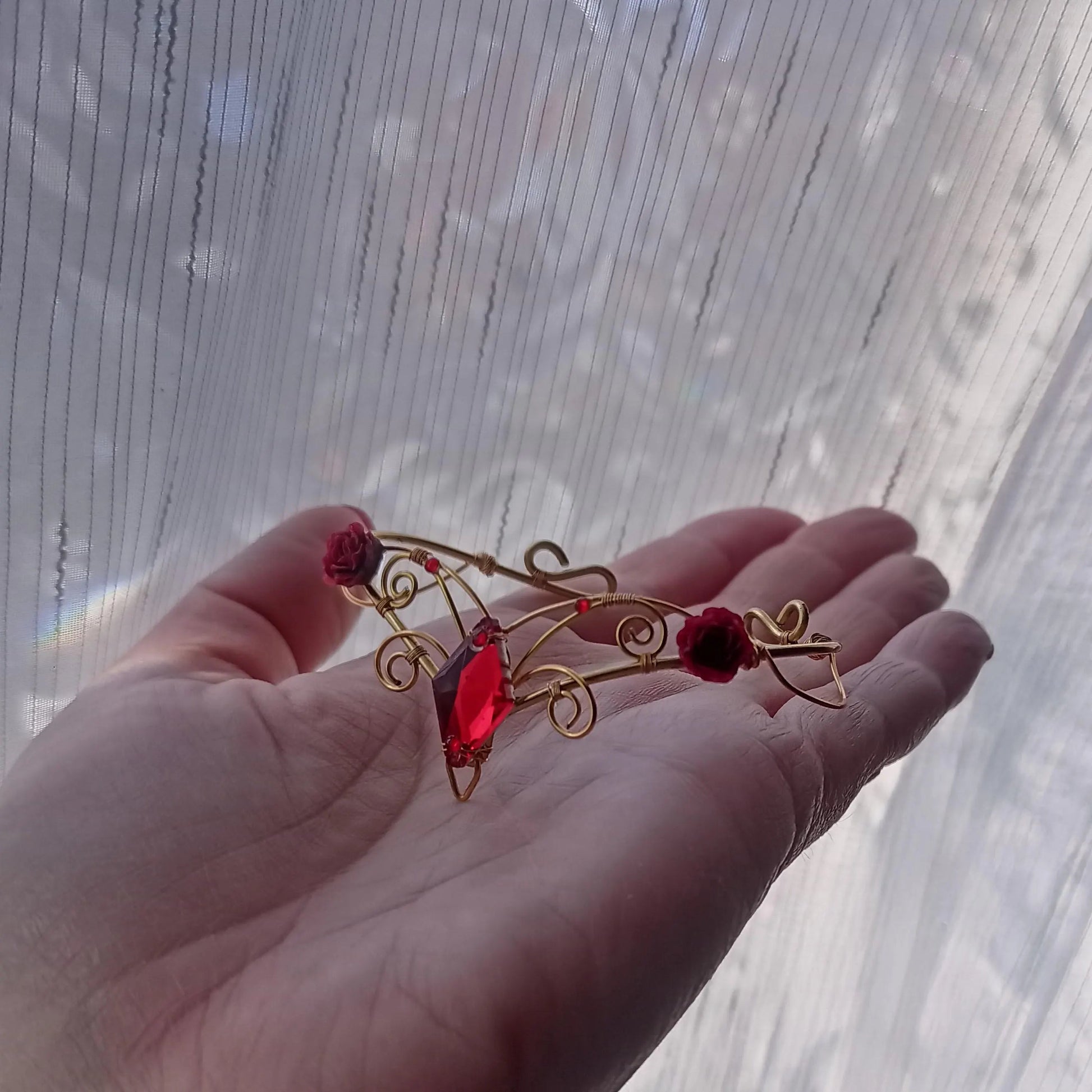 "Crimson Enchantress" Gold Crystal Fantasy Cuff Bracelet - Elven Rose