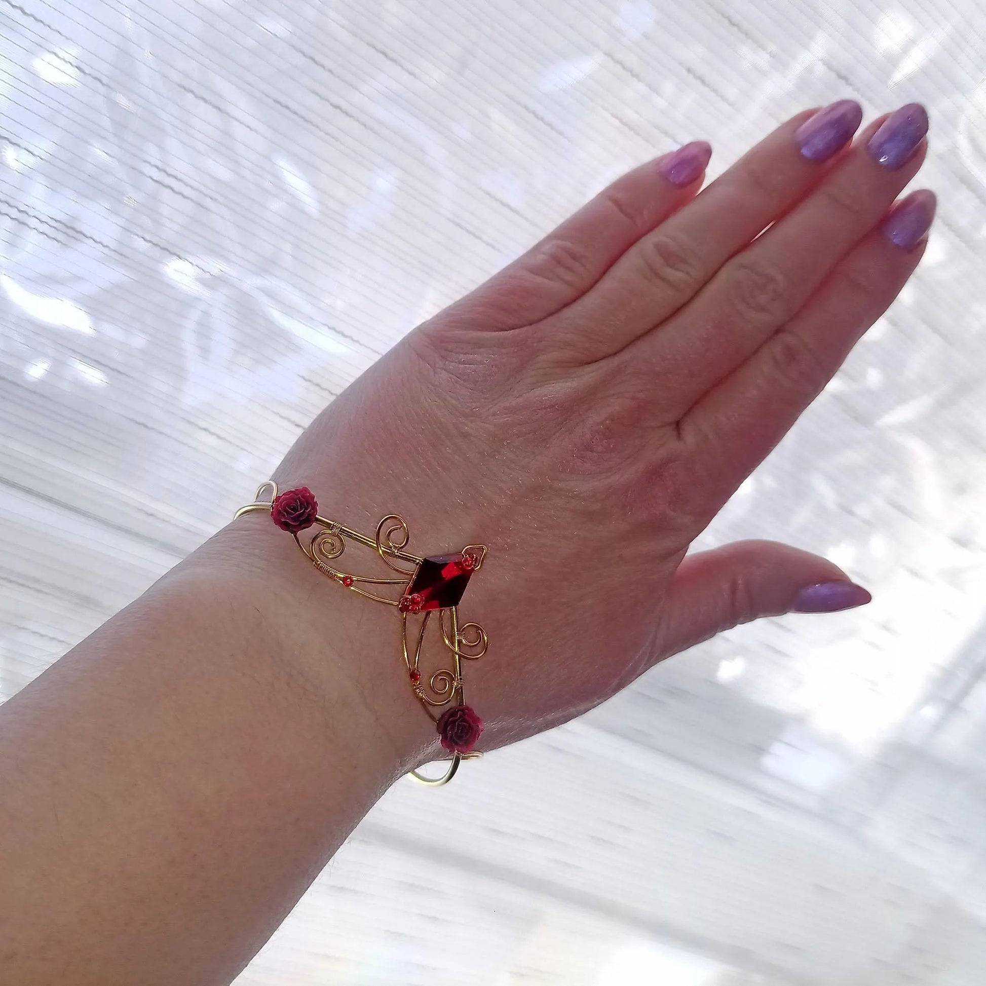 "Crimson Enchantress" Gold Crystal Fantasy Cuff Bracelet - Elven Rose