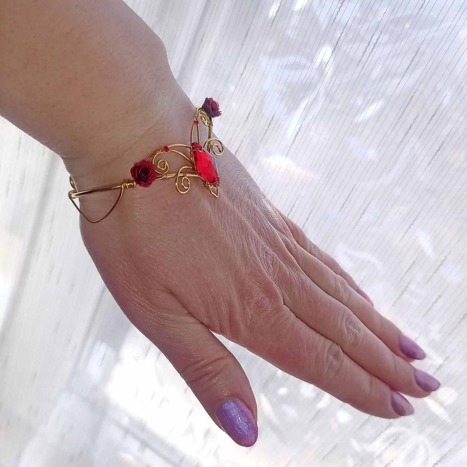 "Crimson Enchantress" Gold Crystal Fantasy Cuff Bracelet - Elven Rose