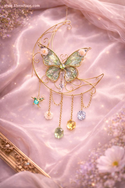 Dawnveil Butterfly Suncatcher – Green Butterfly Moon Window Hanging - Elven Rose