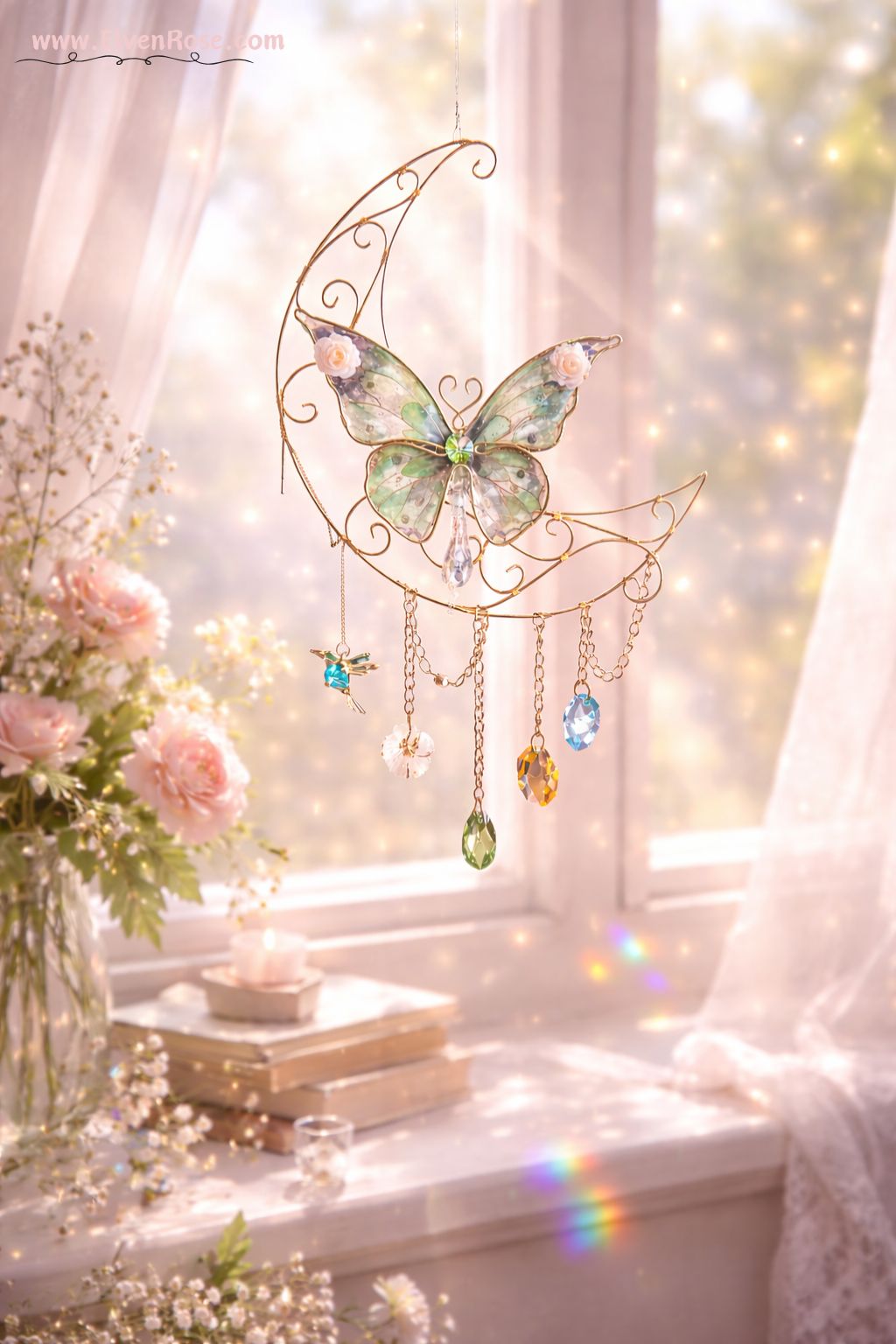 Dawnveil Butterfly Suncatcher – Green Butterfly Moon Window Hanging - Elven Rose