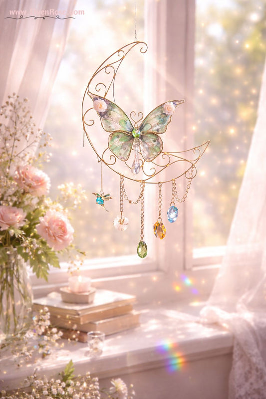 Dawnveil Butterfly Suncatcher – Green Butterfly Moon Window Hanging - Elven Rose