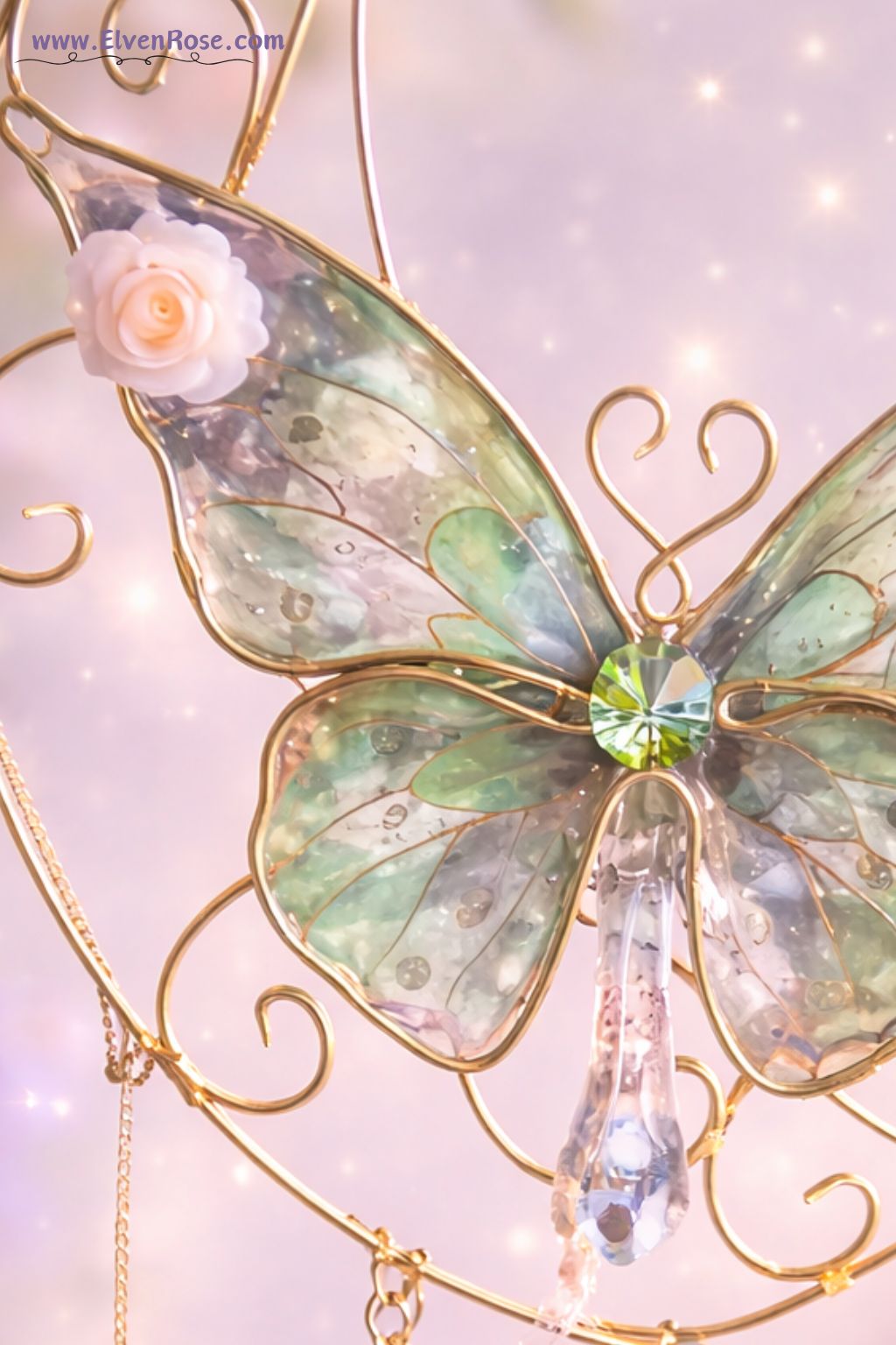 Dawnveil Butterfly Suncatcher – Green Butterfly Moon Window Hanging - Elven Rose