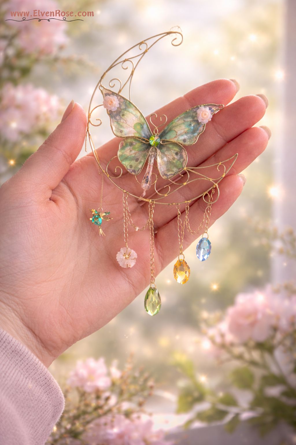 Dawnveil Butterfly Suncatcher – Green Butterfly Moon Window Hanging - Elven Rose