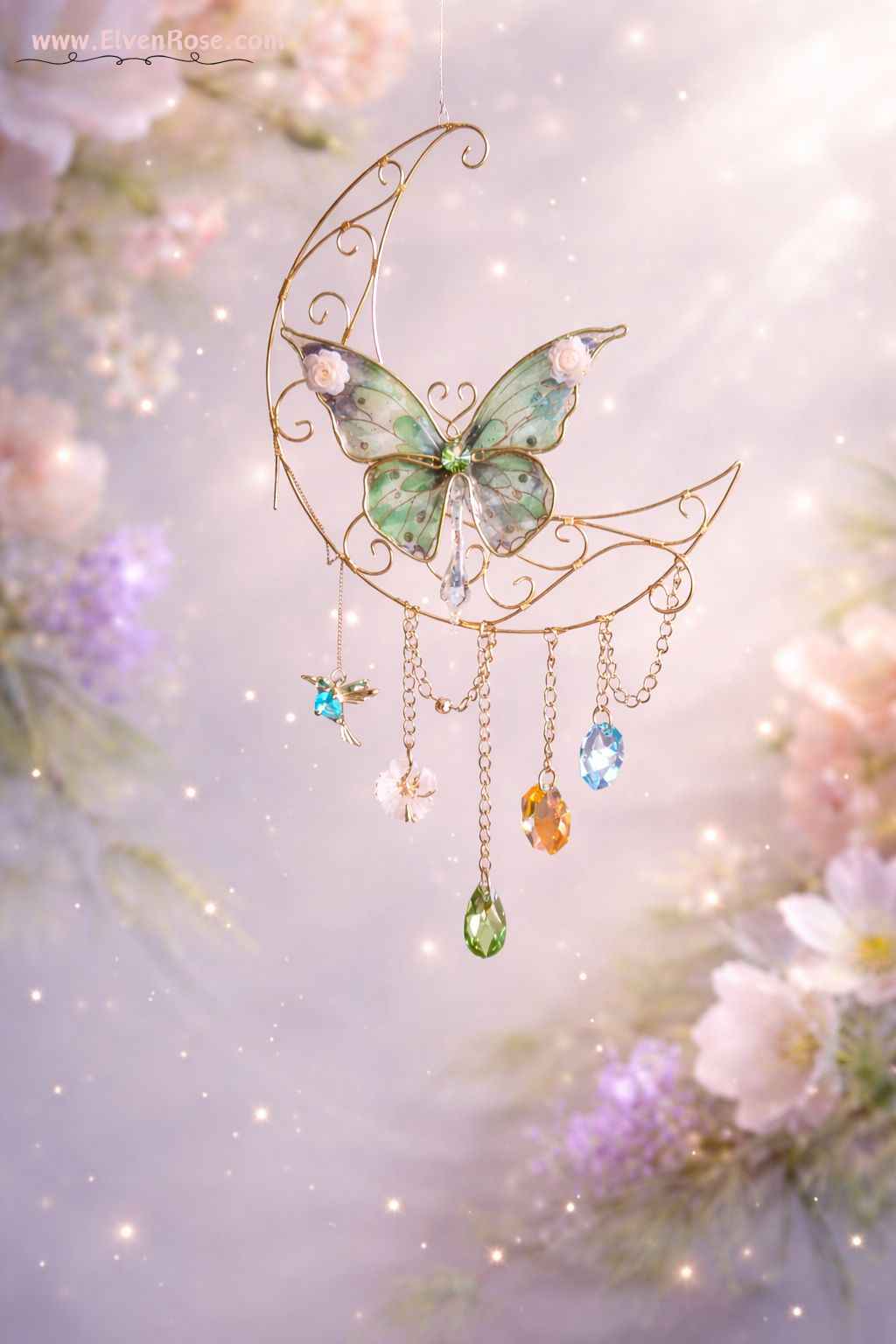 Dawnveil Butterfly Suncatcher – Green Butterfly Moon Window Hanging - Elven Rose