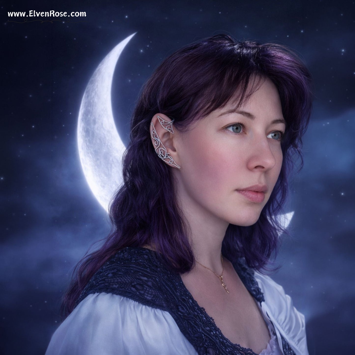 Elven Crescent Moon Ear Cuff Earring - Elven Rose