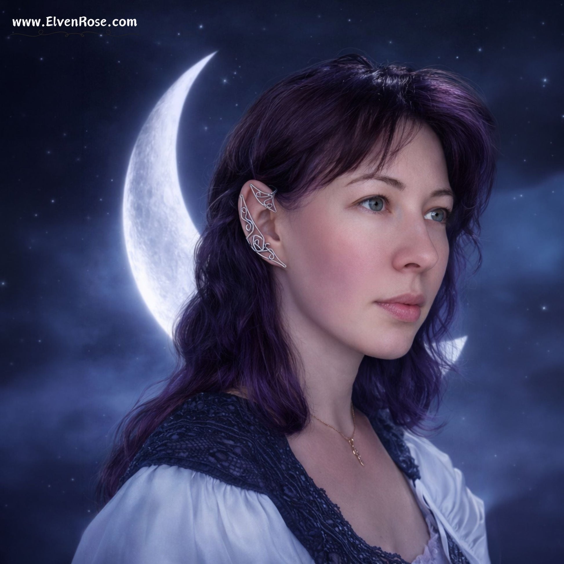 Elven Crescent Moon Ear Cuff Earring - Elven Rose