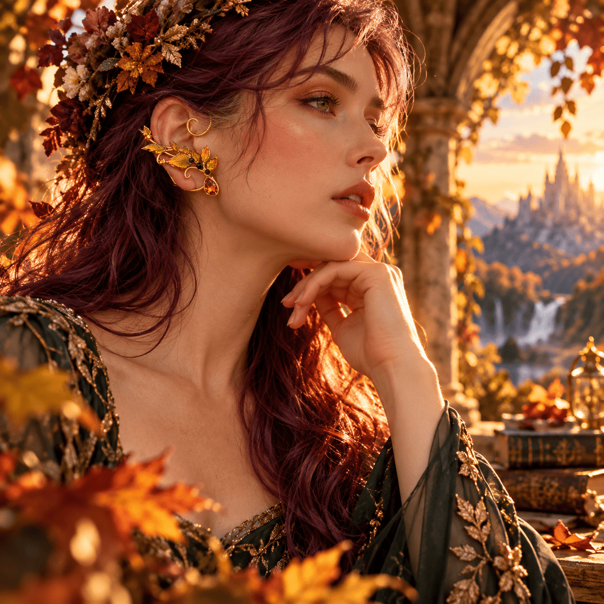 Woman wearing elegant Emberleaf fantasy ear wraps with autumn leaf details