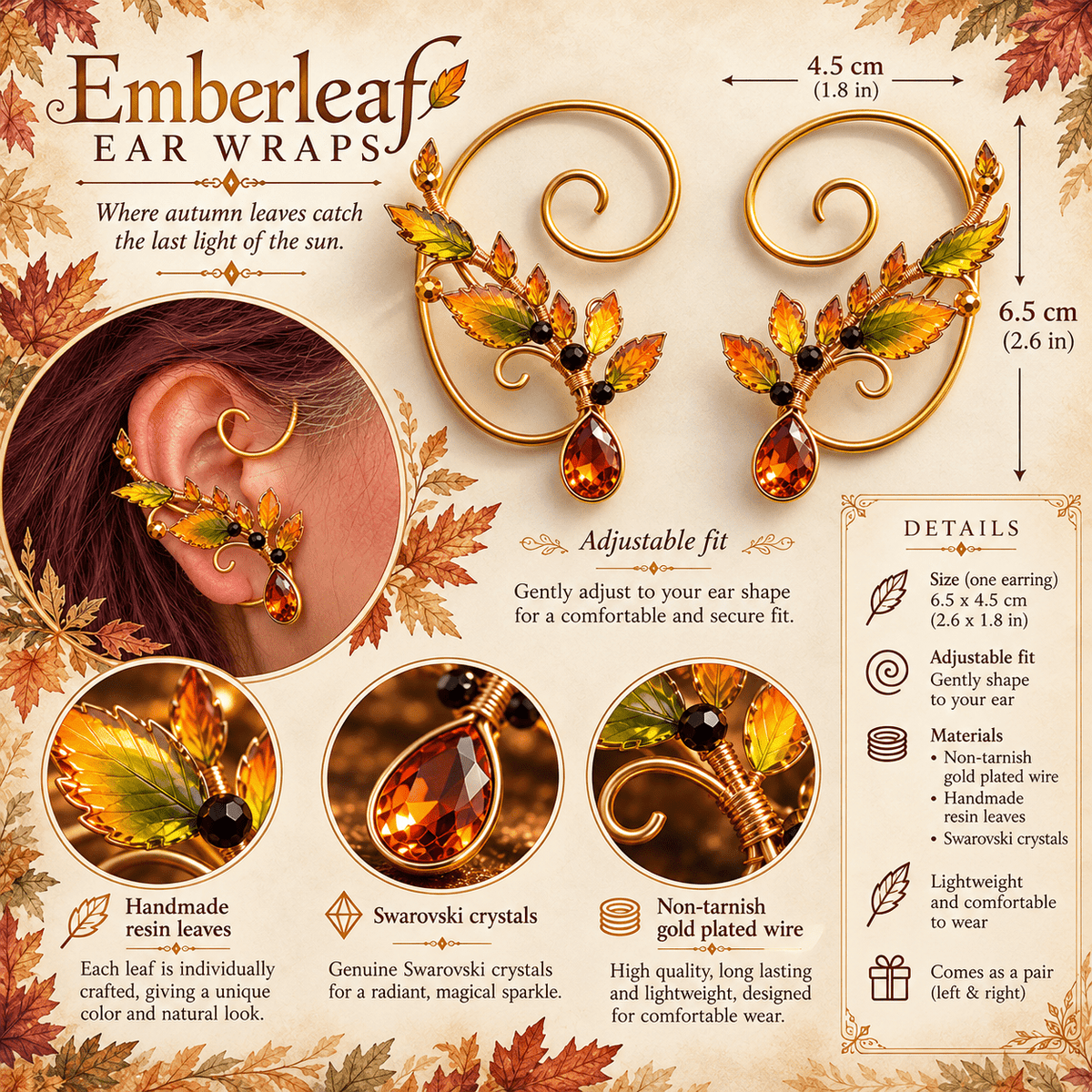 Emberleaf Ear Wraps size 6.5 by 4.5 cm adjustable fit and material details
