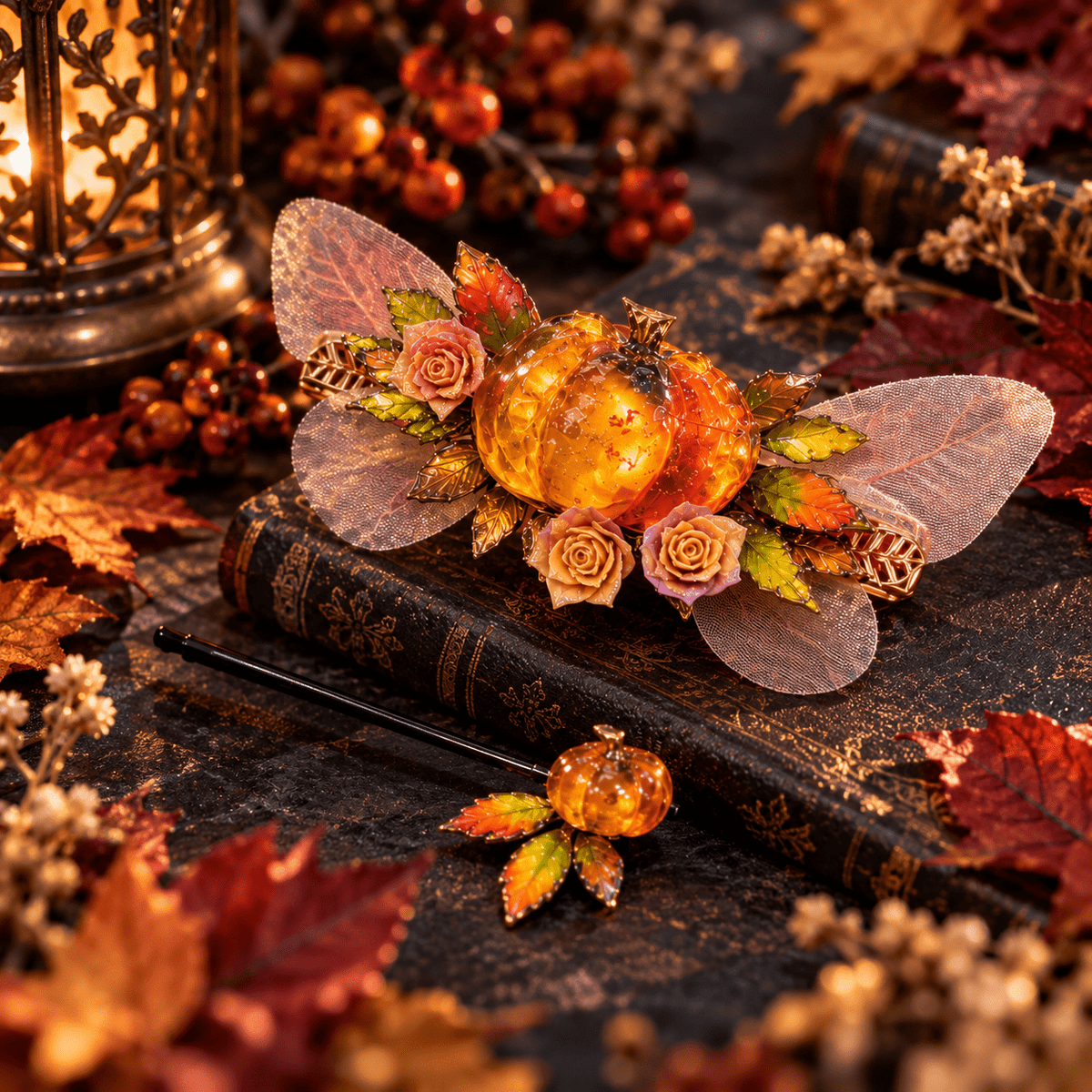 Emberleaf — Enchanted Pumpkin Hair Clip & Hairpin Set - Elven Rose