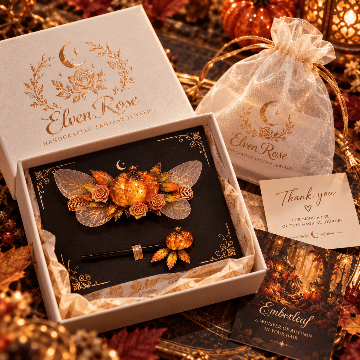 Emberleaf — Enchanted Pumpkin Hair Clip & Hairpin Set - Elven Rose