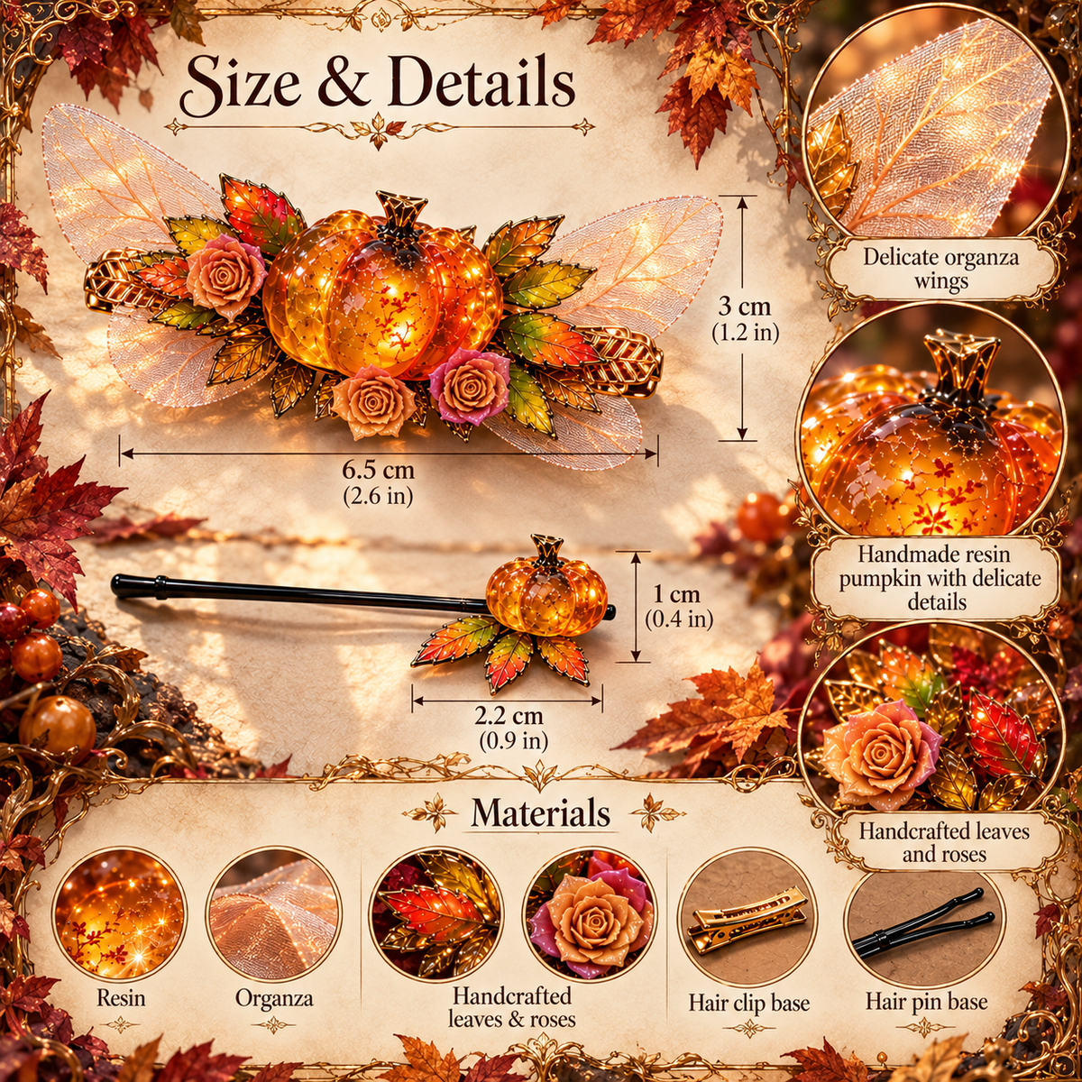 Emberleaf — Enchanted Pumpkin Hair Clip & Hairpin Set - Elven Rose
