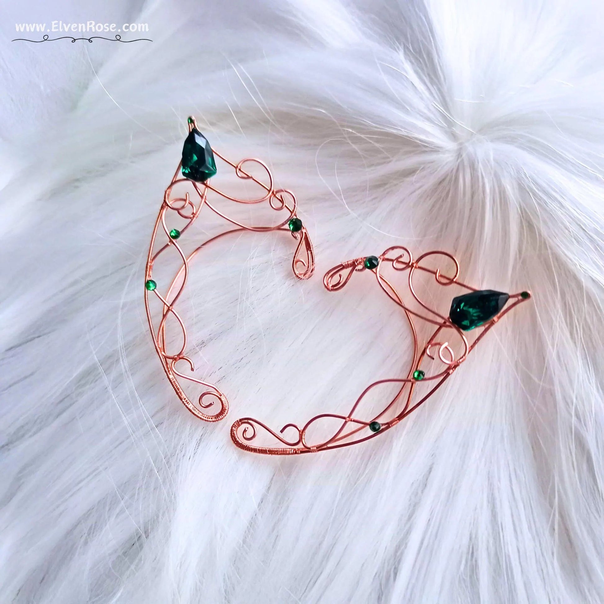 "Emerald Grove Elf Ears" Copper Elf Ears with Crystals - Elven Rose