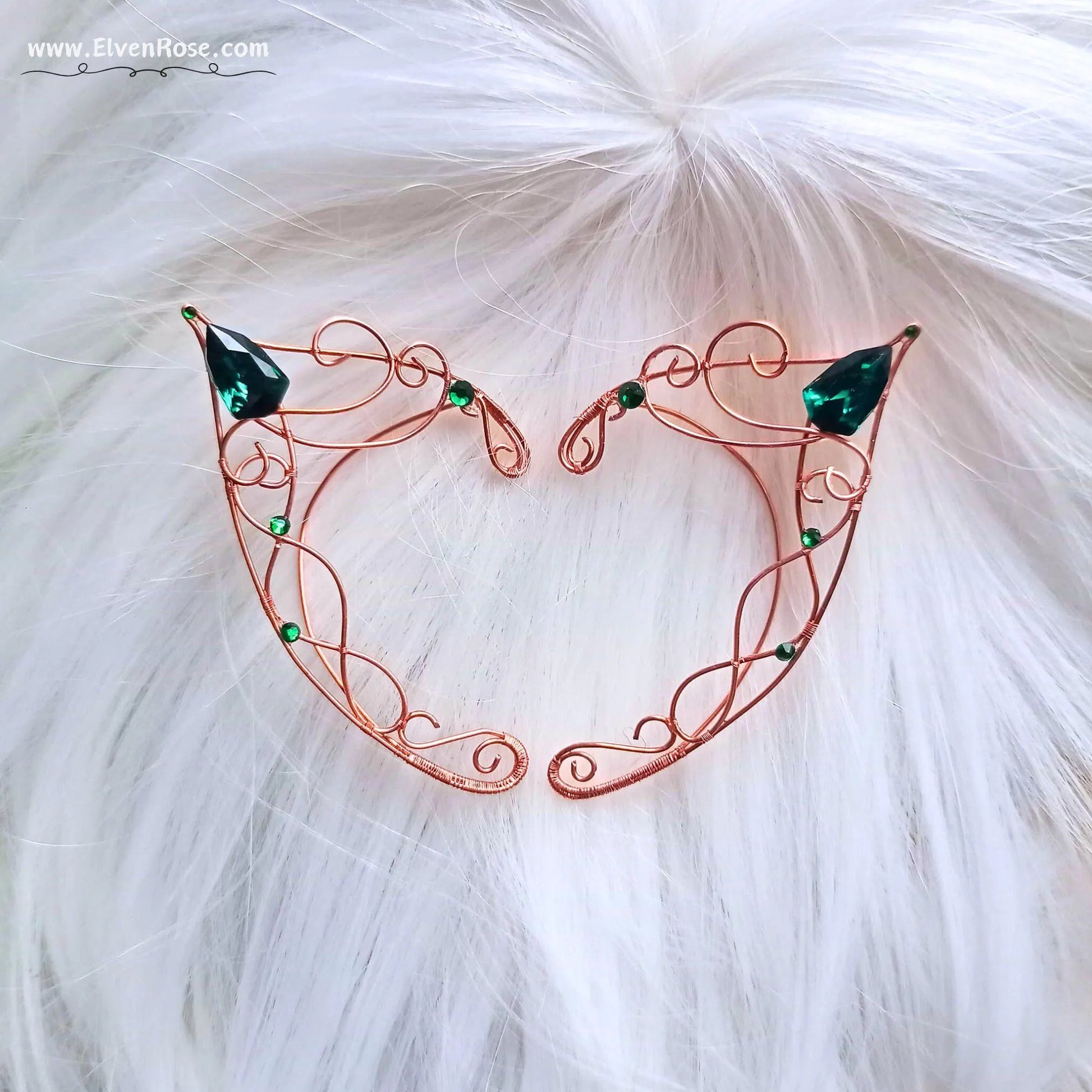 "Emerald Grove Elf Ears" Copper Elf Ears with Crystals - Elven Rose